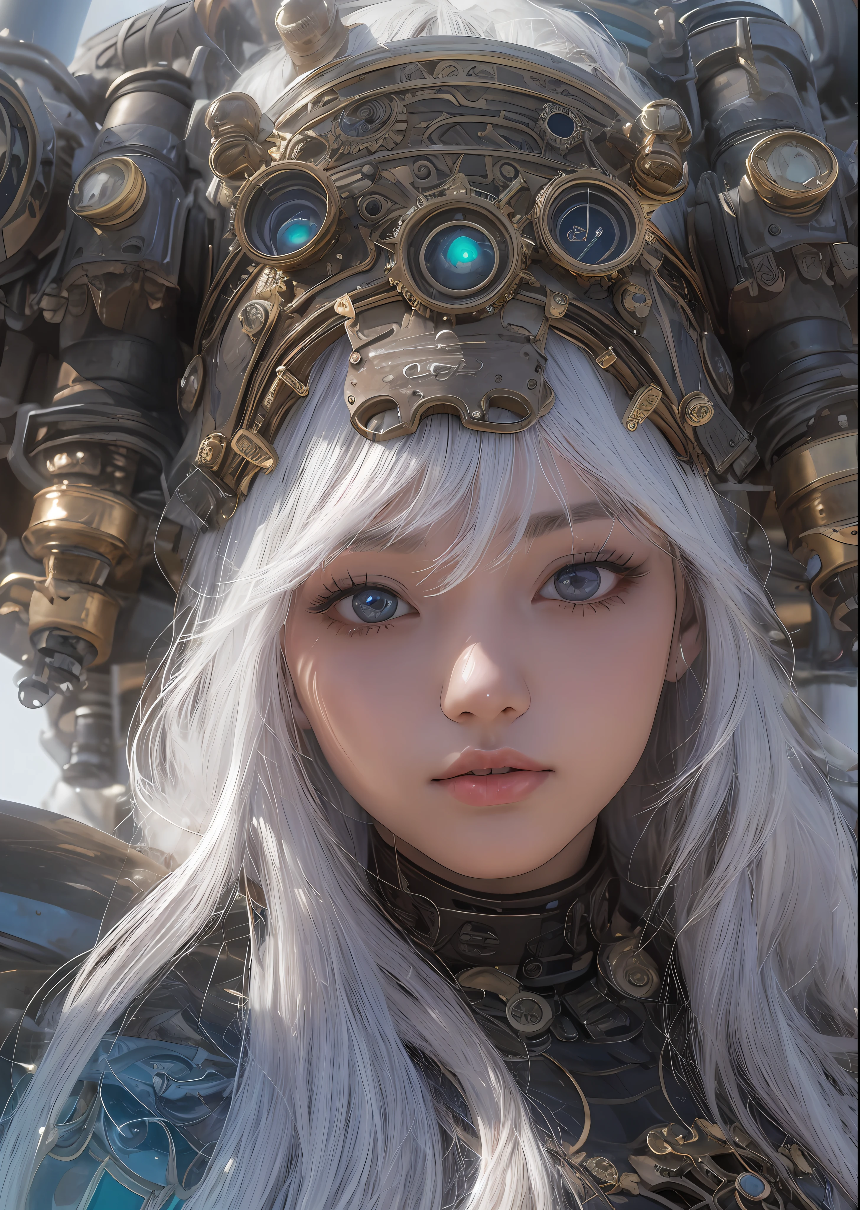 top-quality、​masterpiece、超A high resolution、(Photorealsitic:1.4)、Raw photo、Steampunk Battle Cyborg Angel、large wings made of metal、White porcelain body、Acrylic Clear Cover、white  hair、glowy skin、1 steampunk cyborg girl、((super realistic details))、portlate、globalillumination、Shadow、octan render、8K、ultrasharp、character edge light,Colossal tits、Raw skin is exposed in cleavage、Details of complex ornaments、Details of the steam engine、Hydraulic cylinder、Small LED lamp、highly intricate detail、Realistic light、a purple eye、radiant eyes、Facing the camera、neon details、cowboy  shot、Futuristic headgear、About steampunk、、