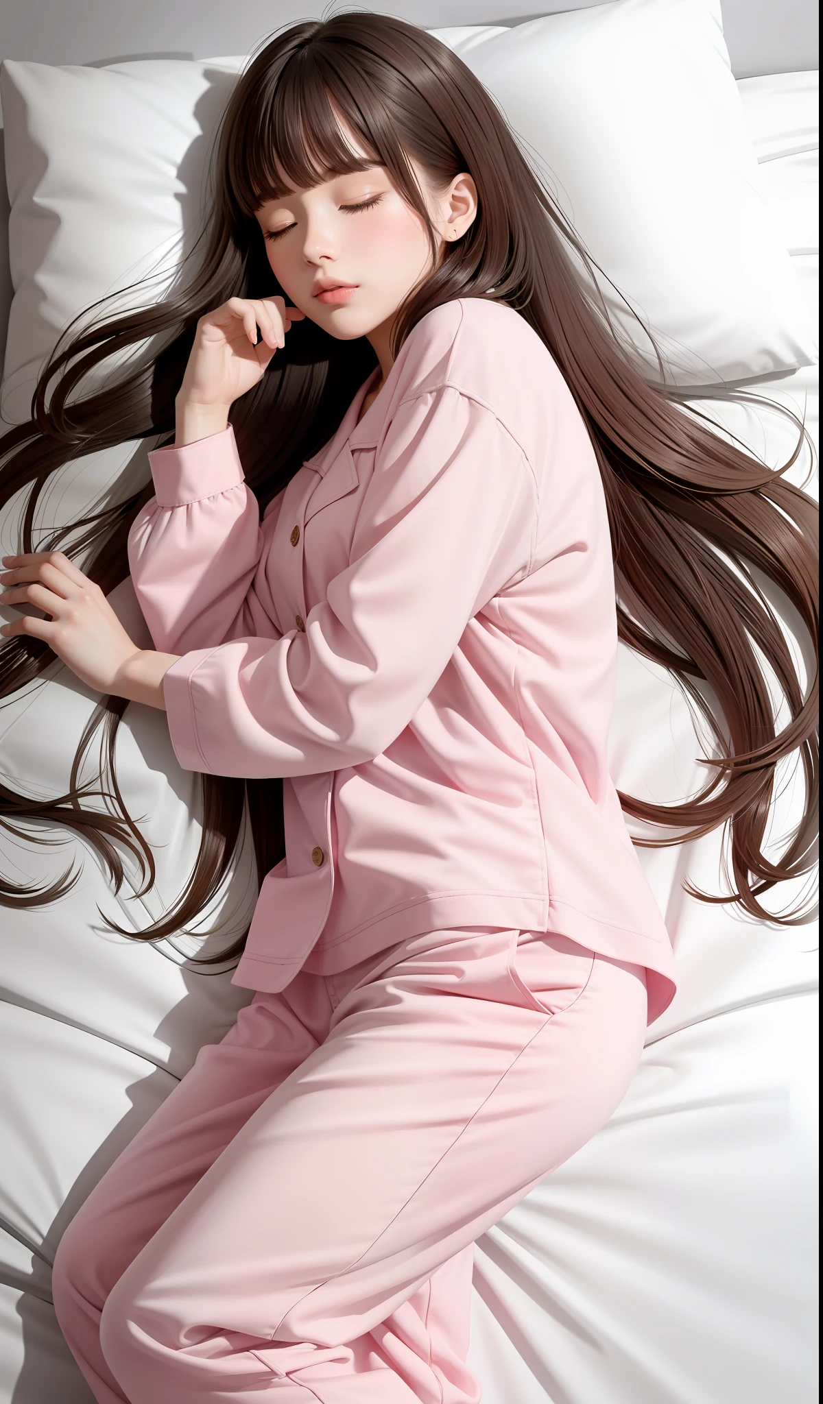 Sleeping girl, 22 years old, realistic, she is wearing long pants, she is wearing pink pajama, brown hair.