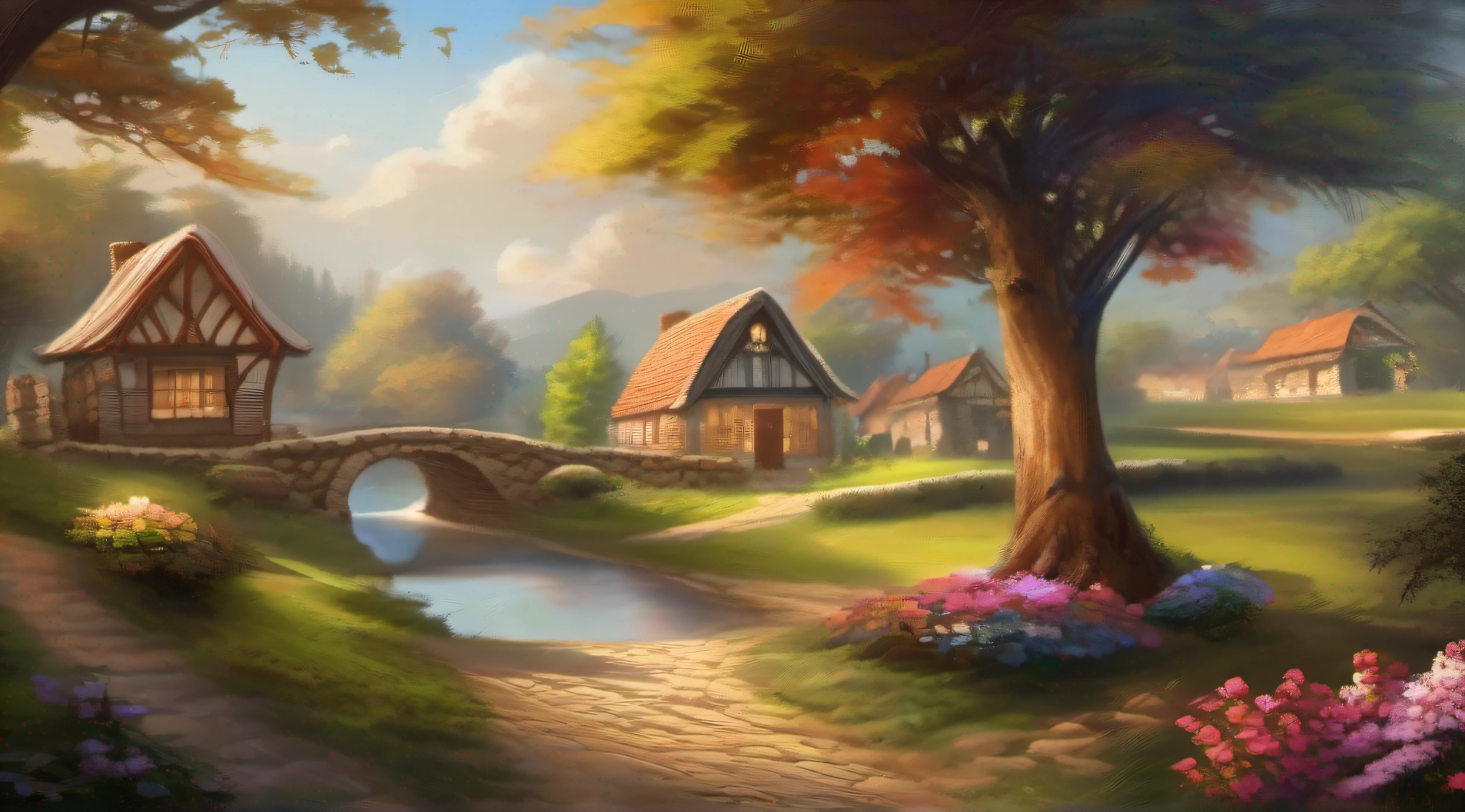 "A serene and picturesque village, where stories unfold. A peaceful and enchanting atmosphere, with vintage charm. Quaint cottages, cobblestone streets, and blooming flowers. (Include elements like: villagers, daily activities, traditional customs, festivals). Immersive colors and soft lighting bring warmth and nostalgia. Capture the essence of community and the joy of simple pleasures. Transport us to a world of tranquility and delightful tales."