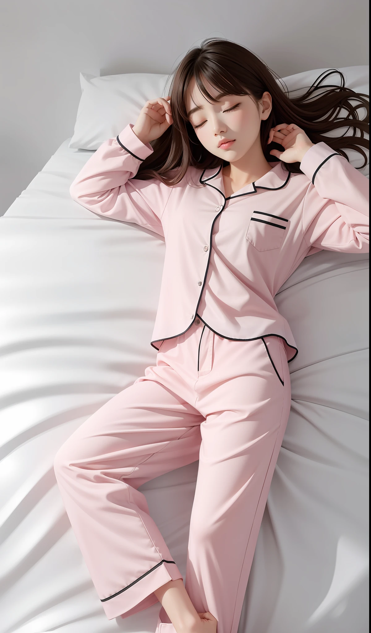 Sleeping girl, 22 years old, realistic, she is wearing long pants, she is wearing pink pajama, brown hair.