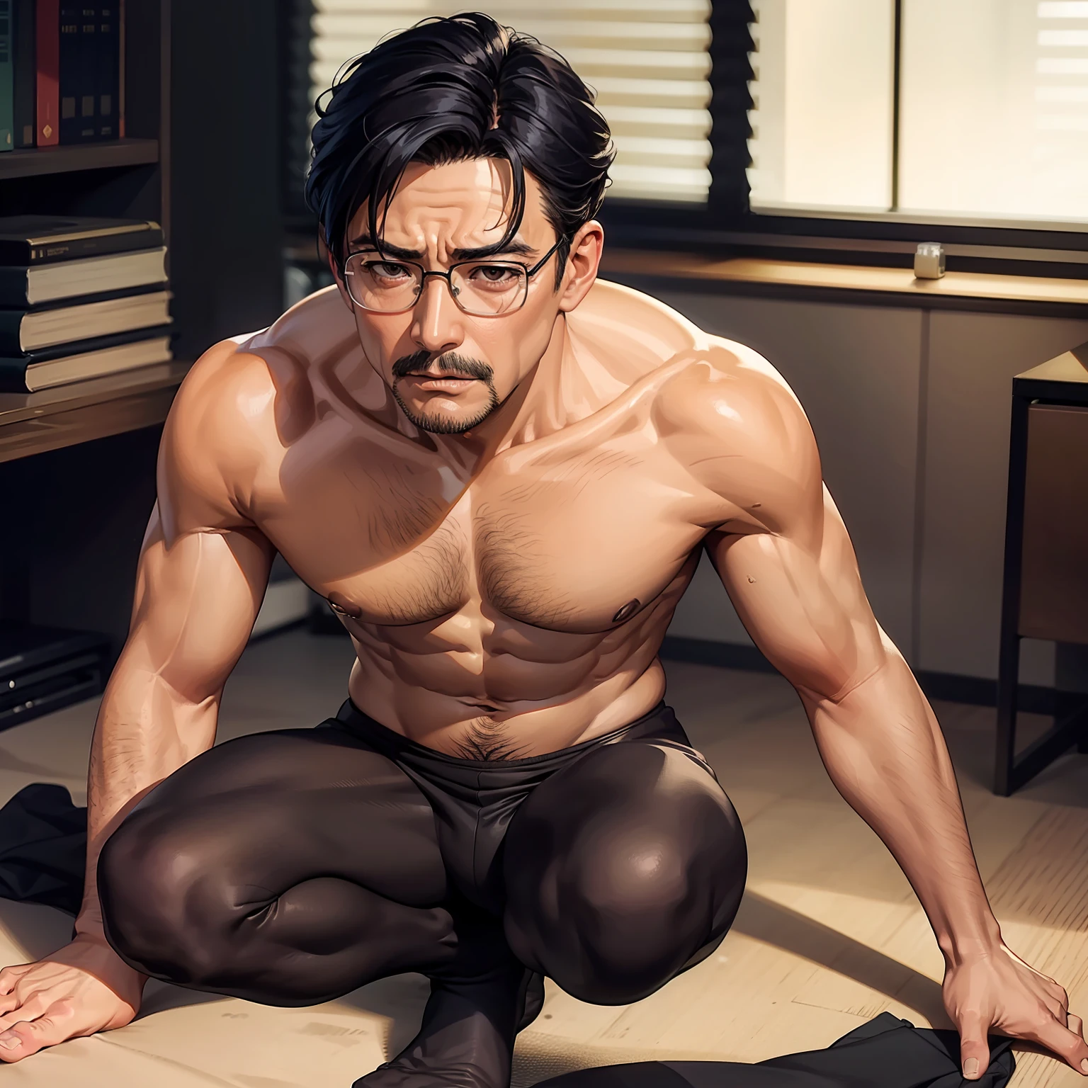 45 yers old,Kogoro Mouri,Shirtless,Tong,agitated,office room,black long socks,Thin,musculature,lbeard,fortitude,artwork of a,tmasterpiece,k hd,leg wide open