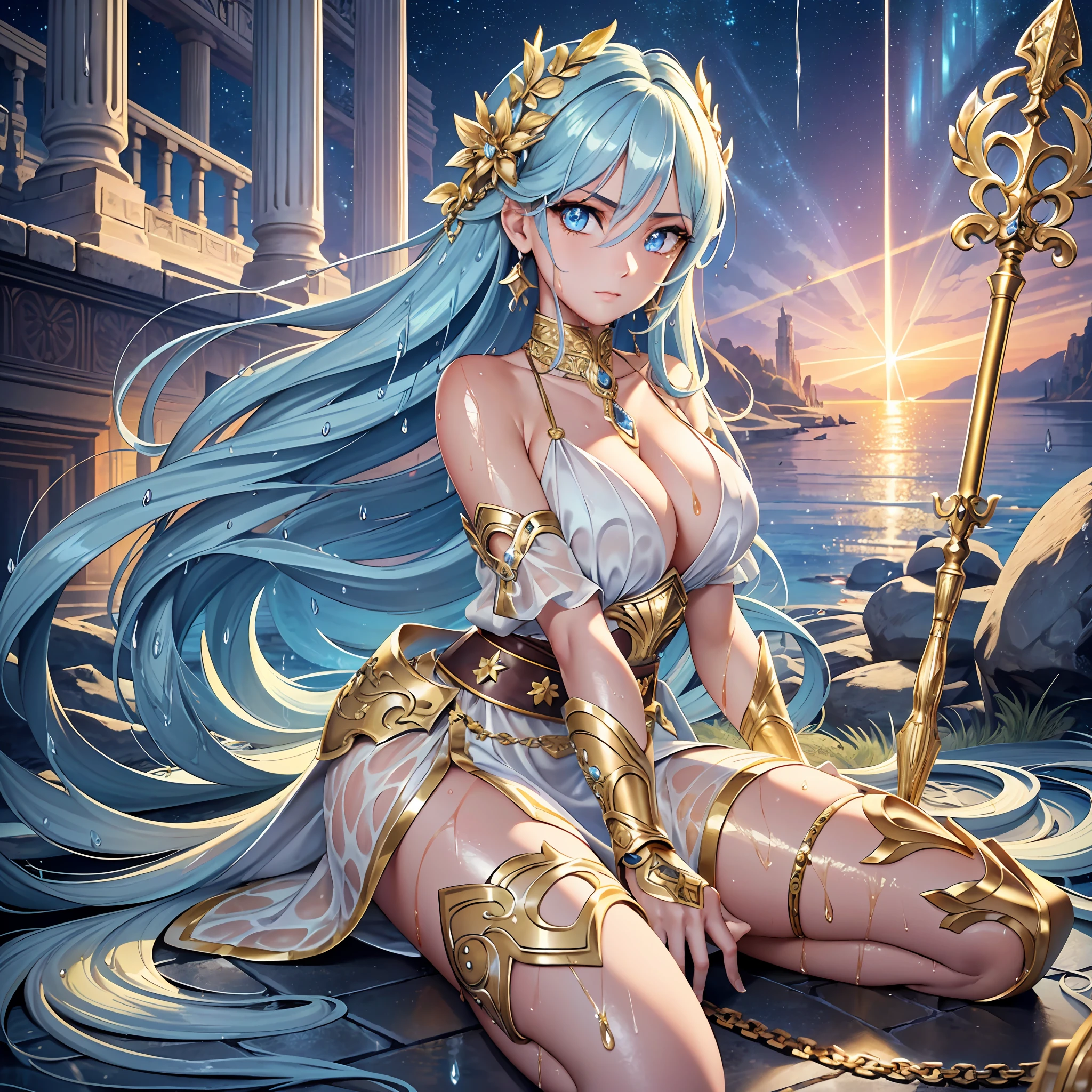(Masterpiece:1.3),(Best quality:1.3),(High quality:1.3),(8K),(large-scale masterpiece Digital art),(Detailed manga illustrations),(Intricate details:1.3),(Ultra detail:1.3),(illustration:1.3),(Sharp focus:1.3),(Natural lighting:1.05),(Vivid colors:1.8),(Face lighting:1.1),(Well-lit face:1),(Perfect face:2),(Beautiful face:2),(Sultry eyes:1.4),(Beautiful eyes:2),Extremely detailed CG,detailed anime art,Perfect hands,Extremely detailed face,Extremely detailed eyes,Extremely detailed body,extremely detailed finger,((perfect)) anatomy, best hands)),fantasy,Anime girl kneeling close to the water of the beach at a midnigth,Wear an off-the-shoulder white top, (holding a magnificent long spear by two hands:1.2),((light blue near-white:1.2) gradient light purple long hair: 1.2),(very long hair:1.5),long hair to the ground,straight hair,(wet hair:1.7),(Sharp eyeliner,eye shadows,Detailed eyes:1.3),(deep blue eyes:1.5),necklace, (delicate gold jewellery:1.3),(earrings:1.1),(gold chain belts:1.3),(golden elbow armor, golden legs armor:1.3), (delicate gold chains:1.3),elbow gloves, (ornate gloves:1.3),filigree gold light armor,thighs,(Flowing skirt: 1.5),Lady Knight,Valkyrie,goddess of aqua,Gold light armor,micron cuirass, No helmet,Big clear eyes,Long eyelashes,Slim waist,Lightweight makeup,(extremely detailed background:1.5),Full portrait,full bodyesbian,starry night background,nebula,aurora,Parthenon  background,model shoot style,the extremely tense and dramatic pictures,Impressive Visual Effects,Colorful natural light, Dazzle,Outdoor photography