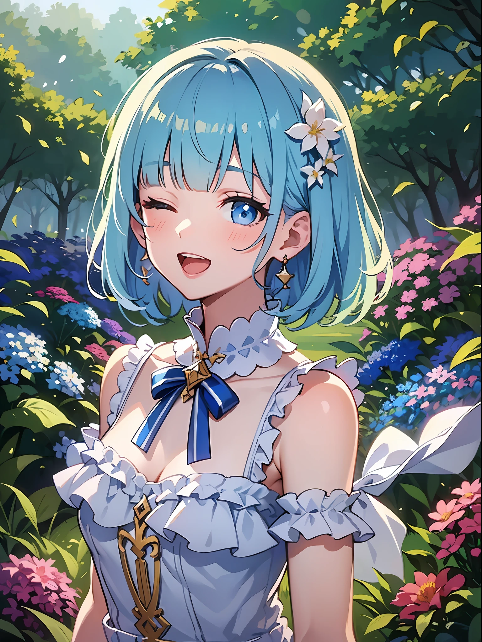(masterpiece:1.3), (best quality:1.3), high resolution,
overlook view, couboy shot,
body facing forward,
(one cute girl:1.3), solo,
white skin, small Breast, eight-headed person,
light blue hair, (bobbed hair:1.2), (short hair:1.1), (blunt bangs:1.2), beautiful hair, blue eyes, beautiful detailed eyes,
blush, open mouth, cheerful smile, one eye closed,
short dress, frill, white and blue clothes, earrings,
flower garden,
shadowlighting,