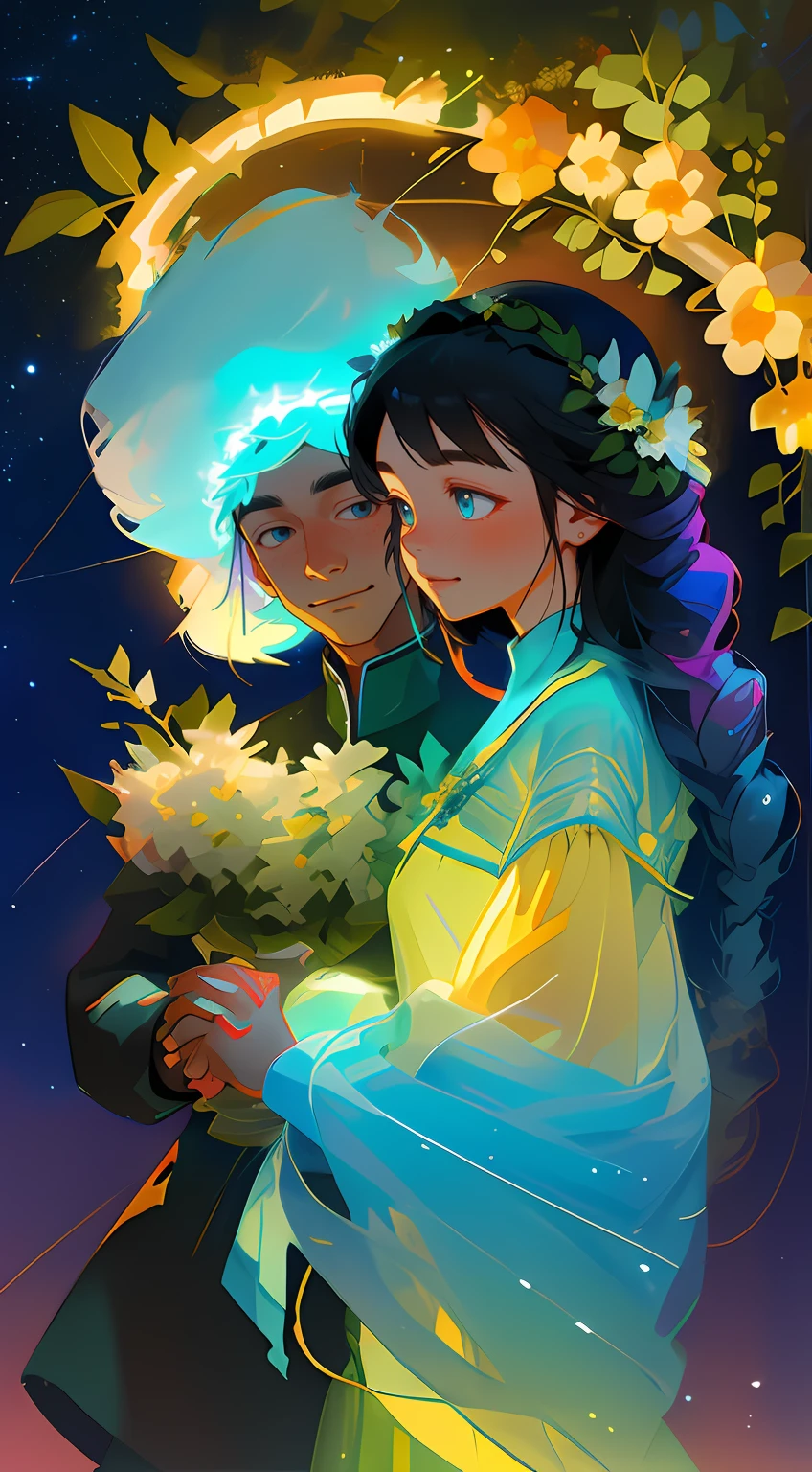 tmasterpiece,  hiquality,  Guy and girl holding hands, Ukrainian symbols, Ukrainian national costumes, Boho style,In transparent,   neon garland, night time, neon lights, romance, happiness, Love,Lovers, holiday, Plants, a starry sky, galaxy, Magic reigns around them, Magic, Flowers, fern, Beautiful sunset, merriment, Floral arrangements,  wreaths of flowers on the head, woods, Flower glade, willow, willow, willow, 8K, Colorful, full color drawing,