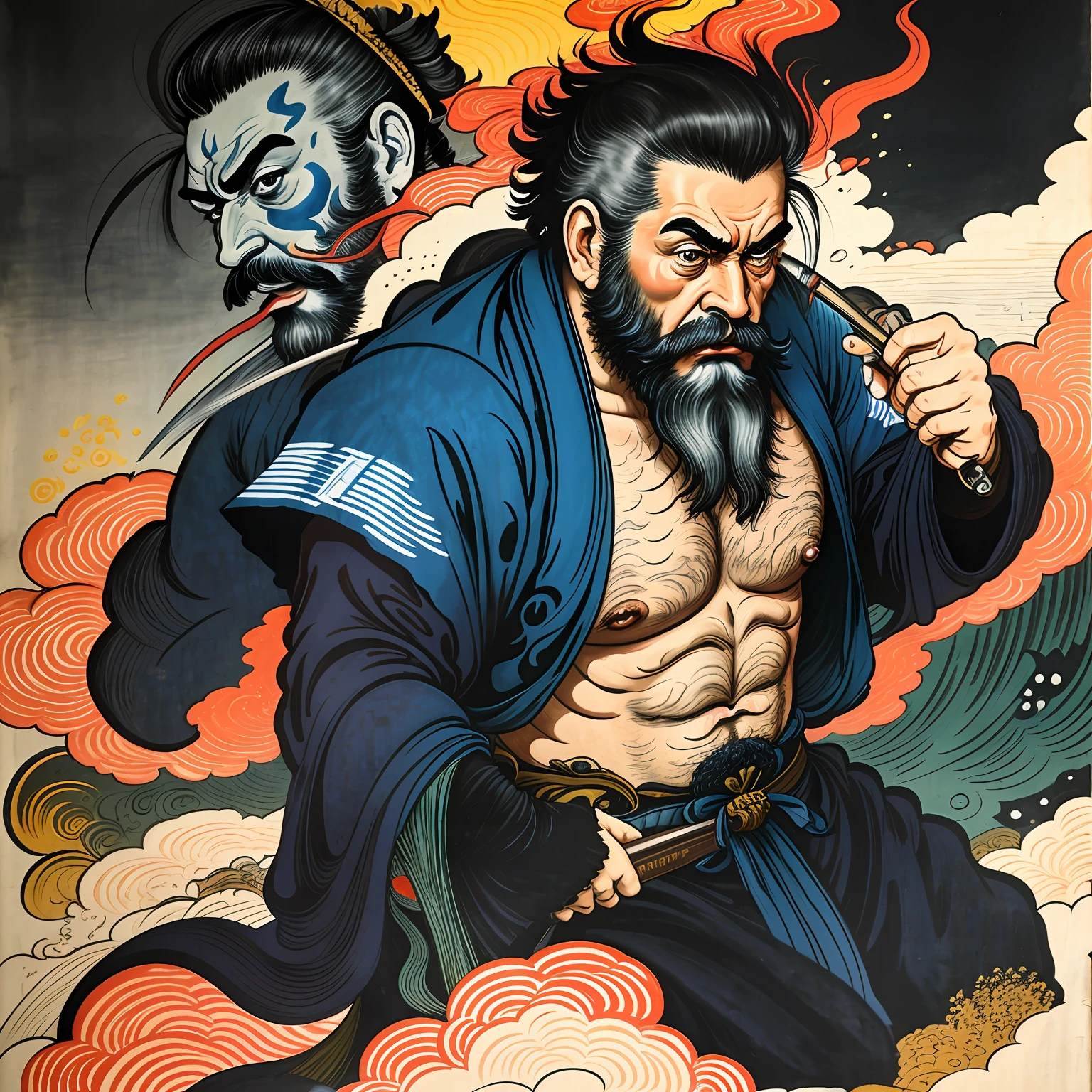 There is a painting of a man with a beard and beard, inspirado em Yasuo Kuniyoshi, inspirado em Utagawa Kuniyoshi, inspired by Shunkōsai Hokushū, Miyamoto Musashi, detailed bushido form smoke, inspired by Yamamoto Shōun, Estilo de Masami Kurumada