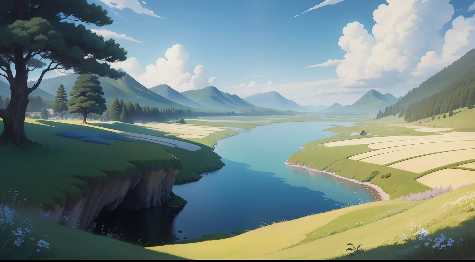 Realistic, authentic, beautiful and amazing landscape oil painting Studio Ghibli Hayao Miyazaki's petal grassland with blue sky and white clouds --v6