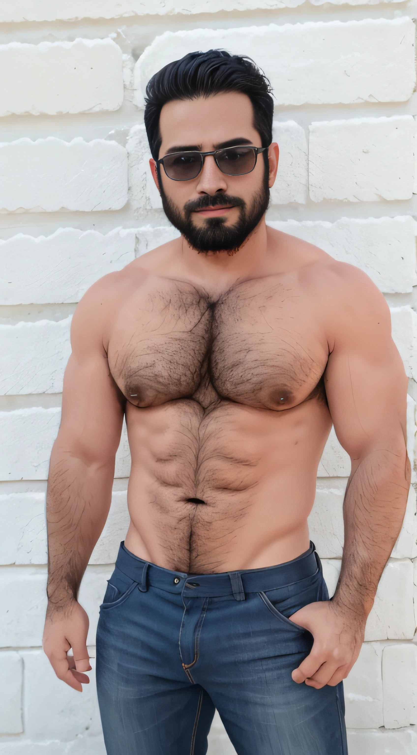 Man with blue hat and underwear standing in Japan , camisa :: High detail, torso peludo, torso peludo parcialmente masculino, pecho peludo, gigachad musculoso, pecho peludo y cuerpo peludo, cuerpo peludo, commission for high resolution, vello escaso en el pecho, pecho peludo, Estilo de arte fotorrealista, inspirado en Maluma, cuerpos peludos, carnoso