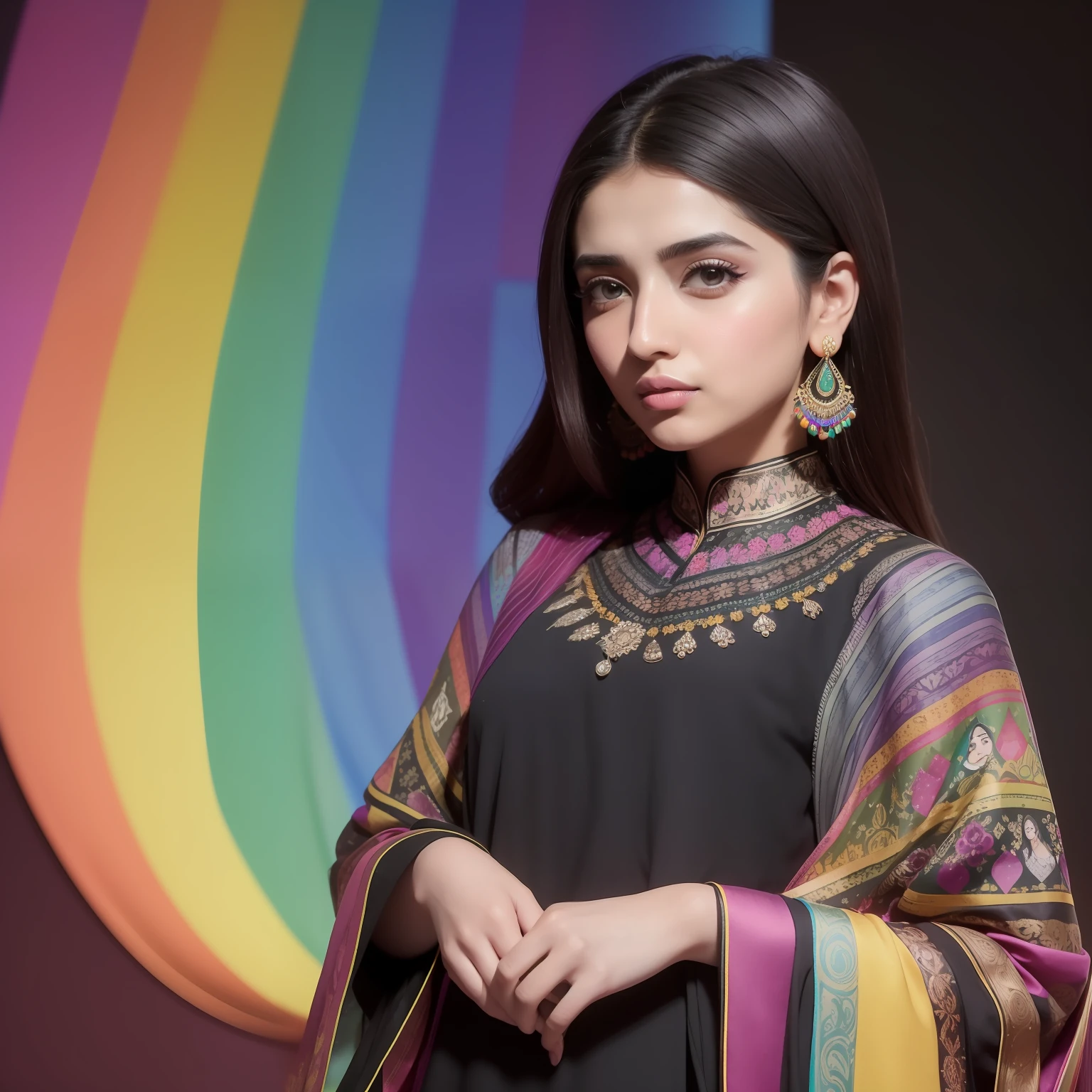 a close up of a person wearing a colorful shirt and a black background, kyza saleem, inspired by Ambreen Butt, colourful, wearing a silk kurta, wearing a kurta, maya ali as d&d mage, with colourful intricate, * colour splash *, multi colour, maya ali, traditional beauty, maya ali mage, by Riza Abbasi