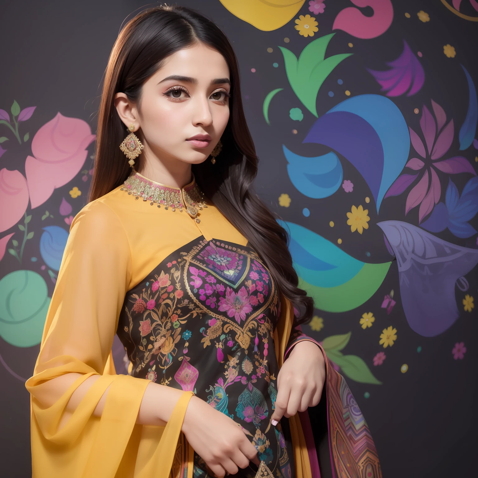 a close up of a person wearing a colorful shirt and a black background, kyza saleem, inspired by Ambreen Butt, colourful, wearing a silk kurta, wearing a kurta, maya ali as d&d mage, with colourful intricate, * colour splash *, multi colour, maya ali, traditional beauty, maya ali mage, by Riza Abbasi