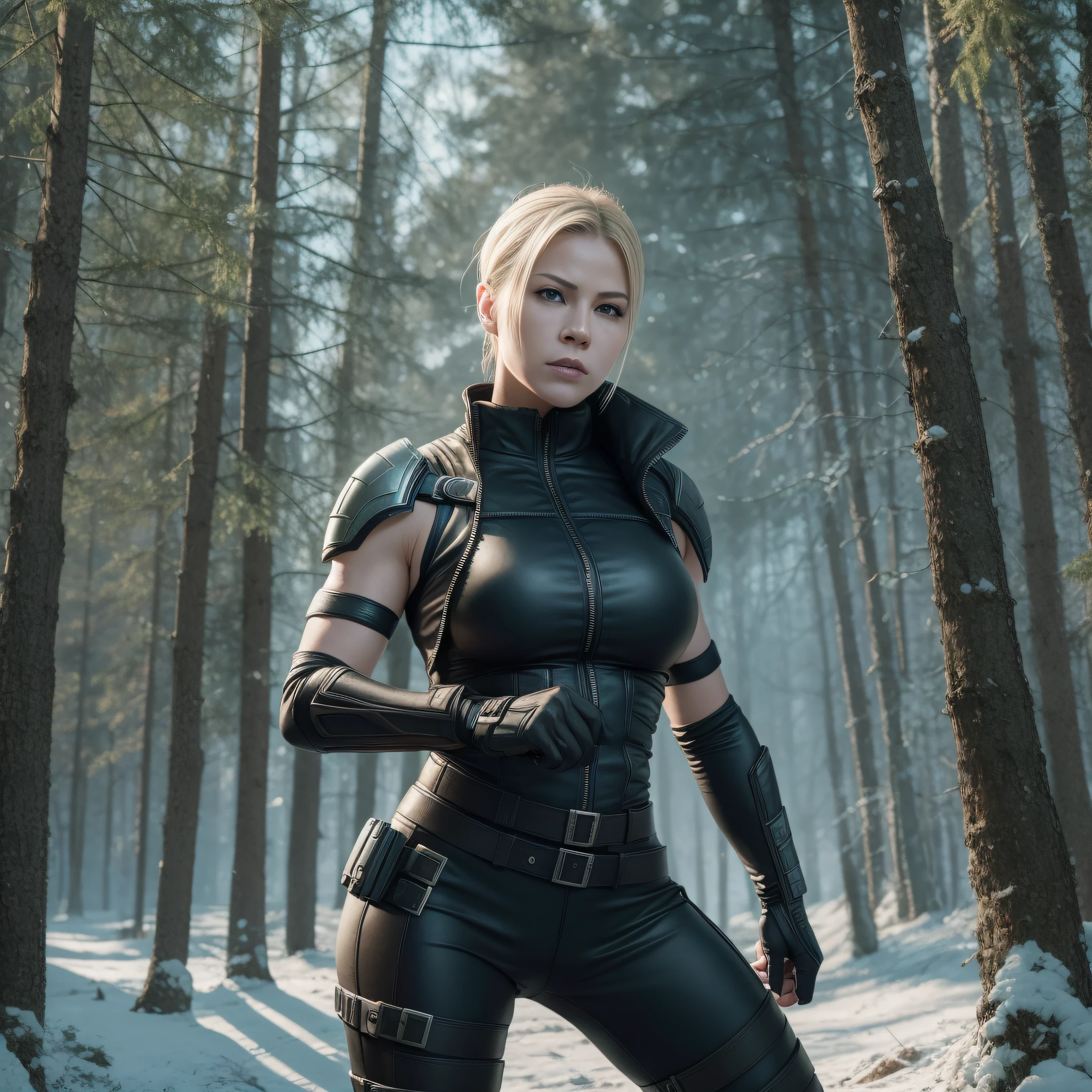 Cassie Cage from Mortal Kombat 11, winter, symmetric eyes, Very realistic, In the Russian forest, Against the backdrop of the Russian forest