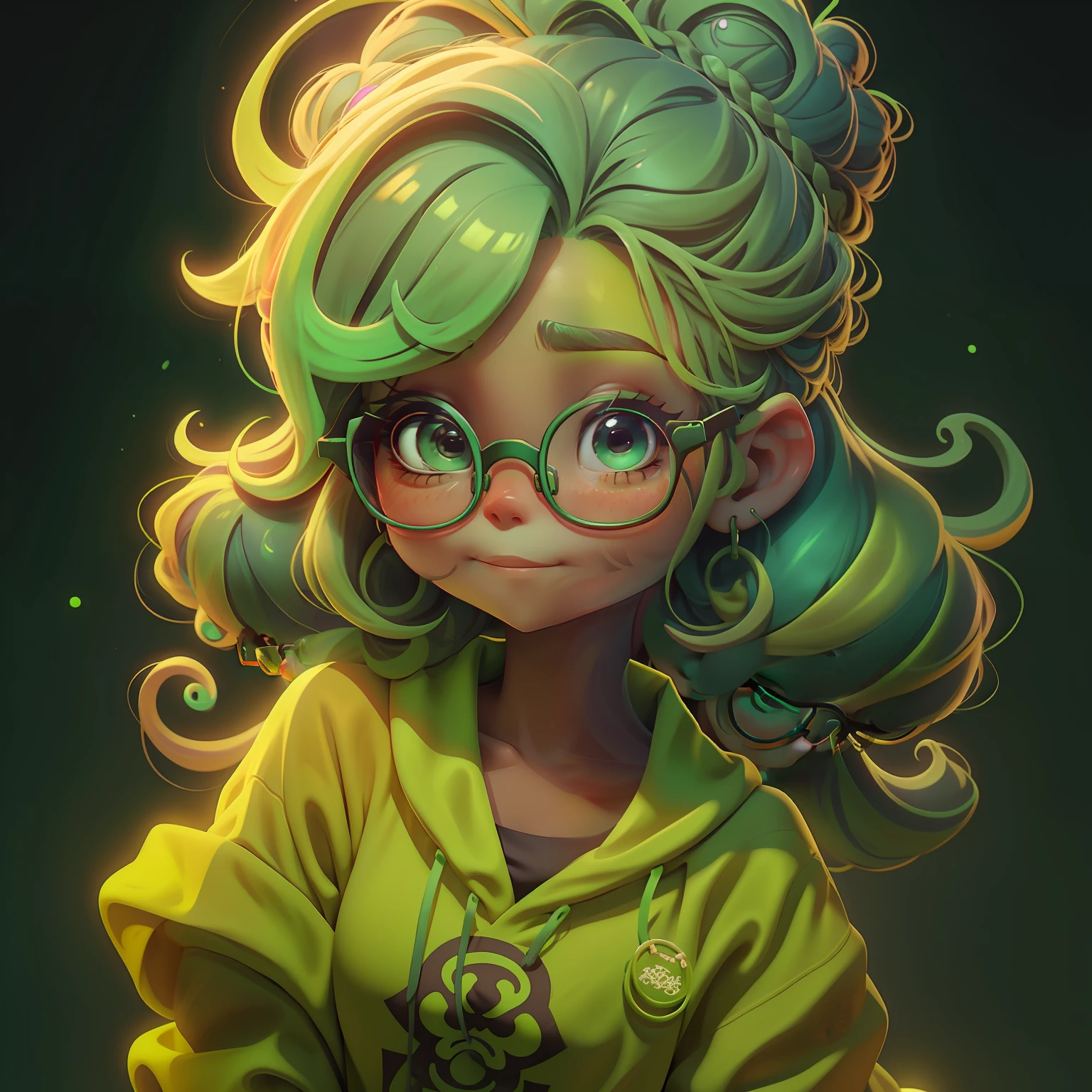 menina lama, (lama), Slime cabelo bun estilo de cabelo, vermelho e verde melancia, tons claros,  roupas rave neon, Eyeglasses, master part, best quality