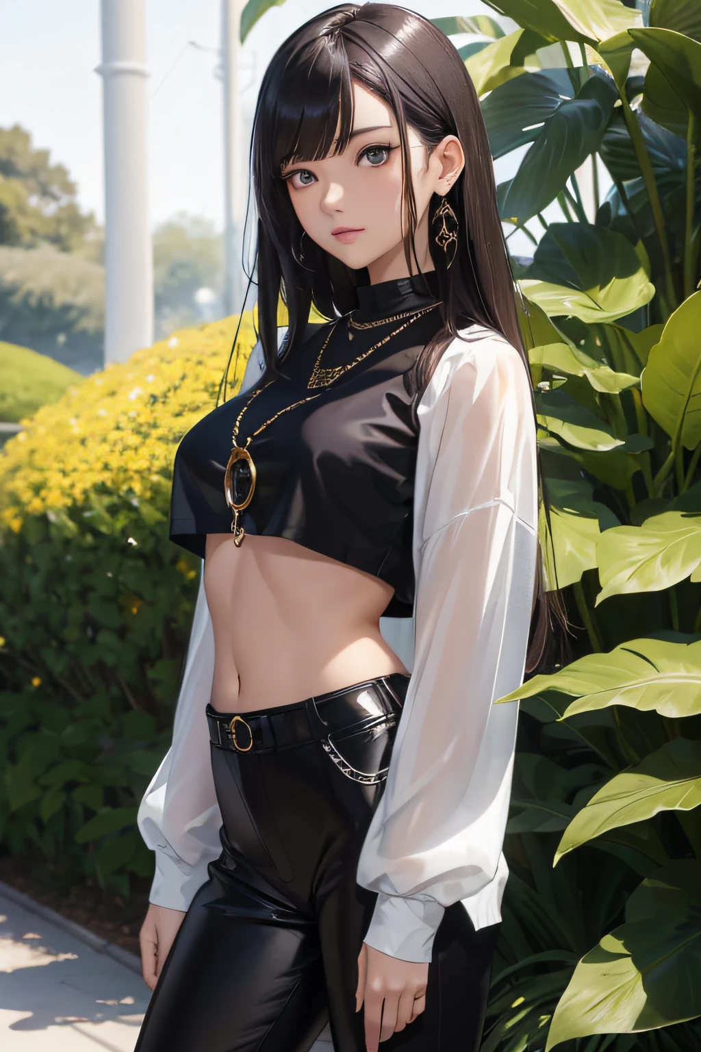 (masterpiece), best quality, expressive eyes, perfect face, young adult woman, Asian, brown eyes, long black hair, black full-sleeved crop top, black skinny and shiny trousers, light chain silver necklace, standing in a botanical garden