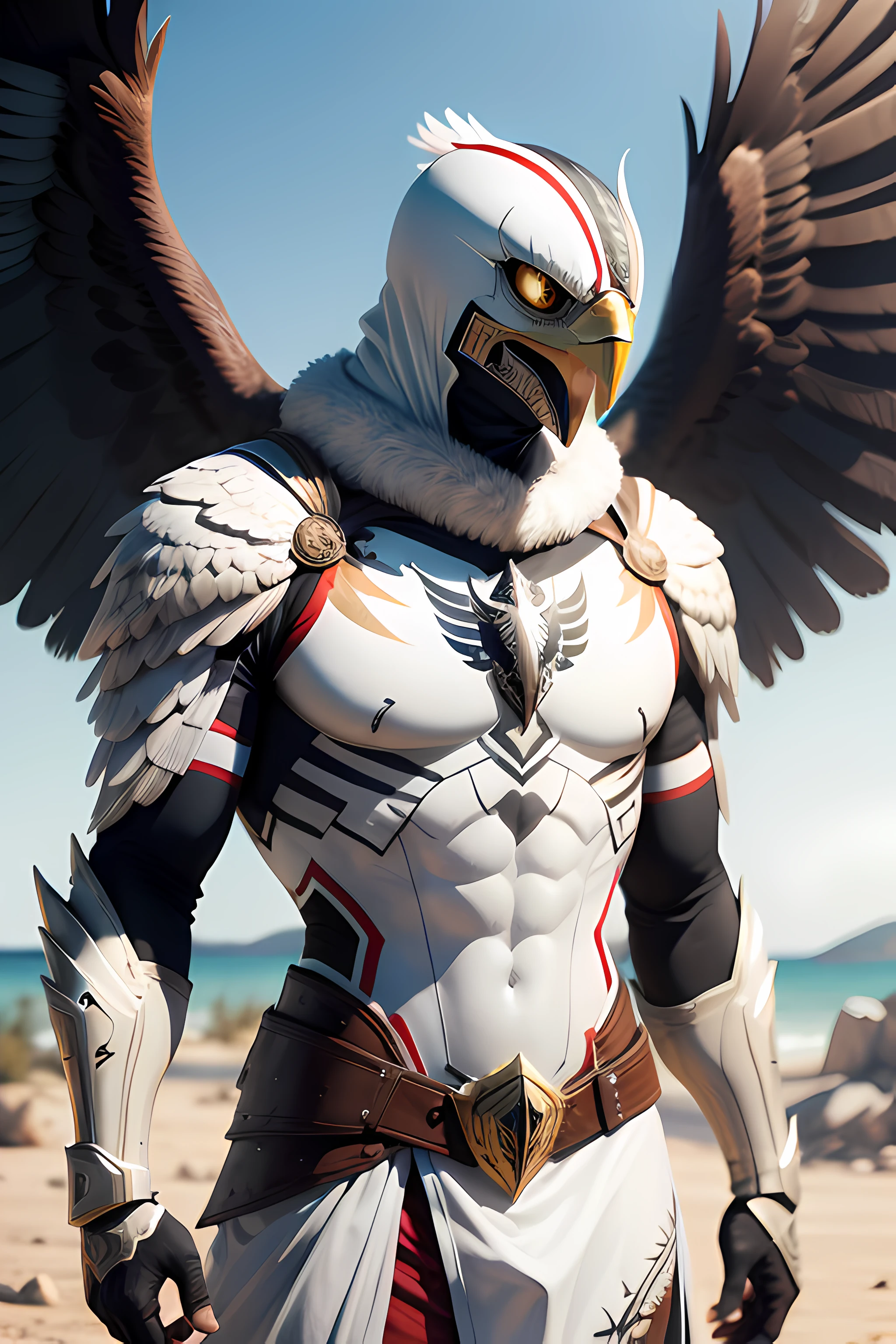 Create an ultra-realistic eagle, com armadura, corpo de homem, cores vermelho e branco