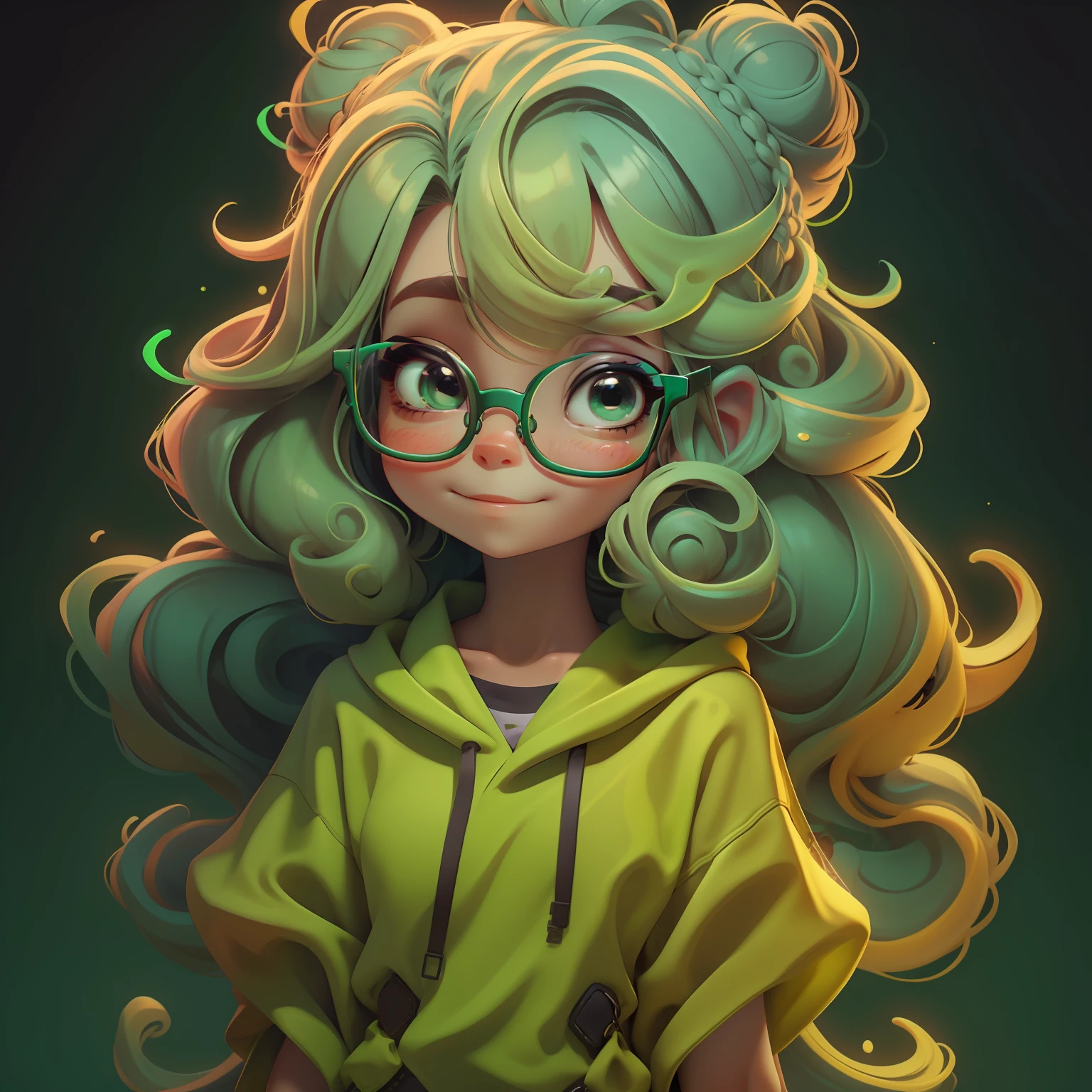 menina lama, (lama), Slime cabelo bun estilo de cabelo, vermelho e verde melancia, tons claros,  roupas rave neon, Eyeglasses, master part, best quality