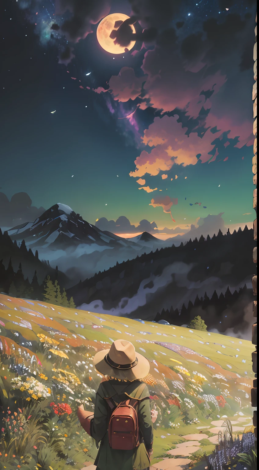 Vast landscape photos、(The sky is up as seen from below、The field is down)、Girl standing in a flower garden and looking up、(fullmoon:1.2)、(meteors:0.9)、(nebulas:1.3)、mountain in the distance々、The tree々 BREAK Craft Art、(warm light:1.2)、(fireflys:1.2)、A light、Lots of Purples and Oranges、intricate detailes、voluminous lighting、Realism BREAK(​master piece: 1.2), (Top image quality), 4k, The ultra-detailliert, (dynamic compositions: 1.4), ighly detailed, Colorful Detail, (Rainbow Color: 1.2), (Glow Lighting, Atmosphere Lighting), dream-like, Magical, A Journey to Find