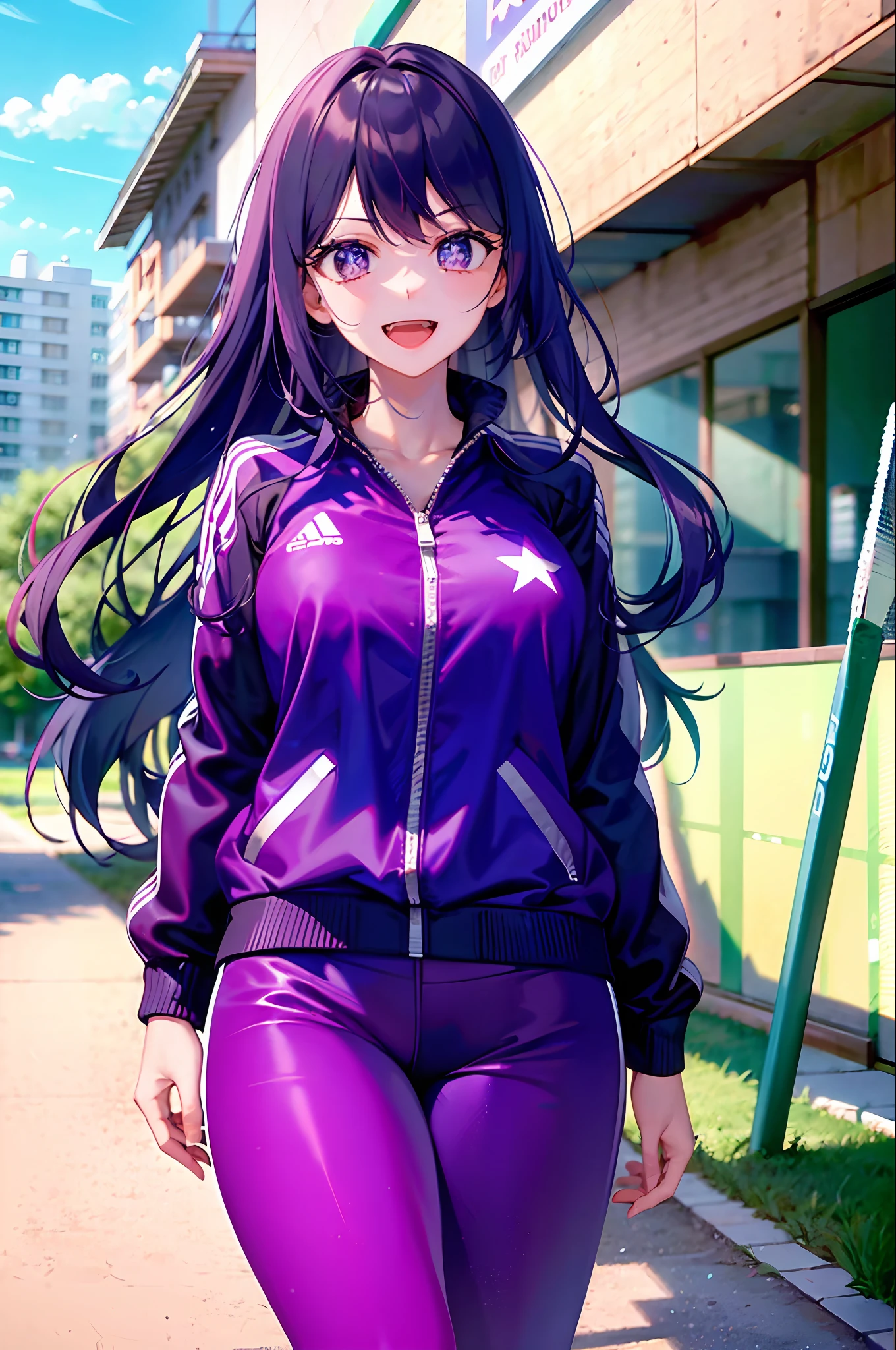 1girll,((There is a five-pointed star in the eye))Gorgeous Hair in Long Purple,track suit,Play badminton,Smile,Open mouth