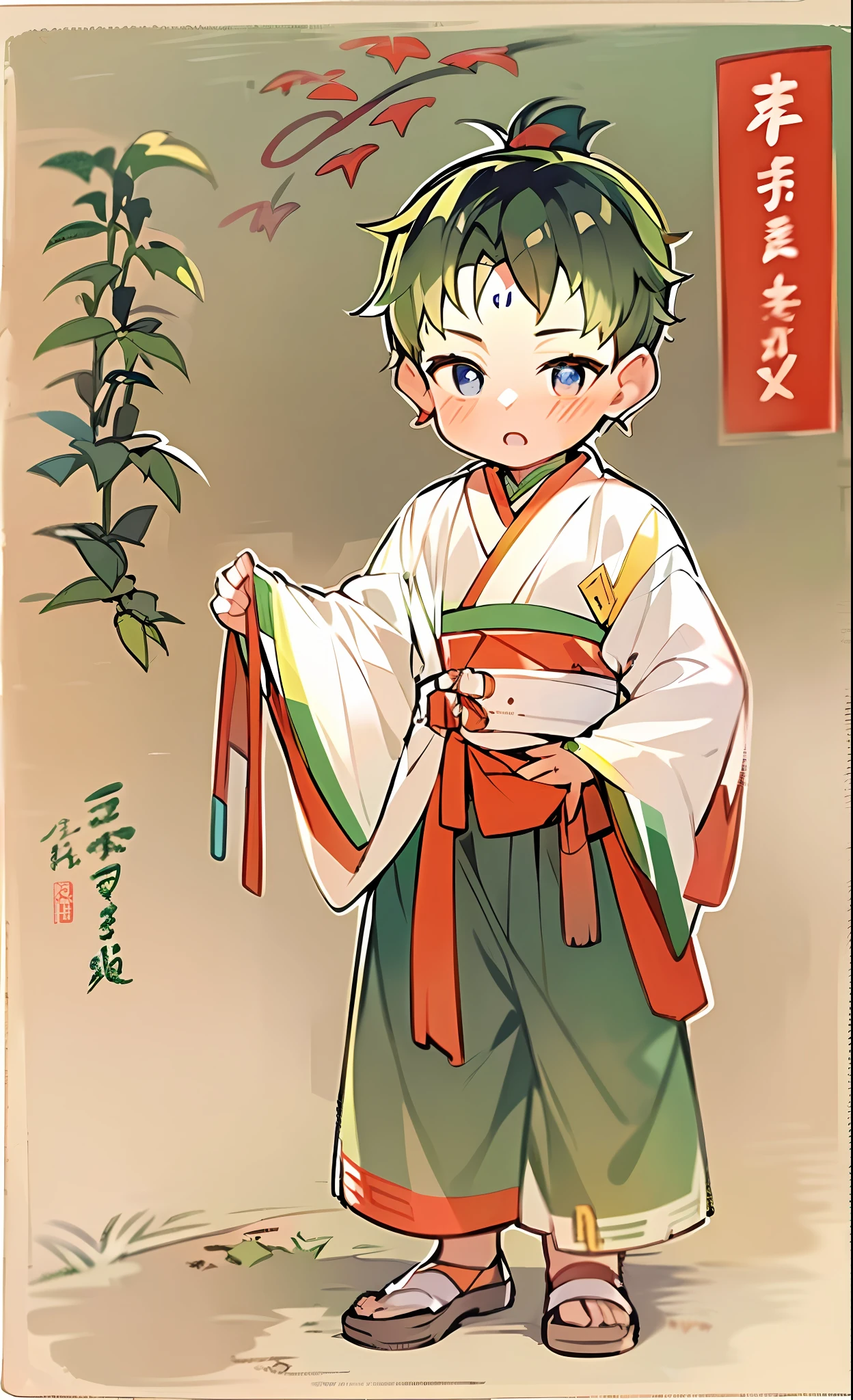 A boy wearing a white Hanfu, a boy with a red dot in the middle of his forehead (with a red rhyme at the corner of his eye), a Chinese Qingming element, mainly green and white, without sleeves on his upper clothes (with red fine cloth tied around his bare ankle), a kite element, shorts with open sides, irregular bangs in the middle length, (a six-year-old boy), a boy with a full body lens, (with a skirt hem)A boy wearing a white Hanfu, a boy with a red dot in the middle of his forehead (with a red rhyme at the corner of his eye), a Chinese Qingming element, mainly green and white, without sleeves on his upper clothes (with red fine cloth tied around his bare ankle), a kite element, shorts with open sides, irregular bangs in the middle length, (a six-year-old boy), a boy with a full body lens, (with a skirt hem)