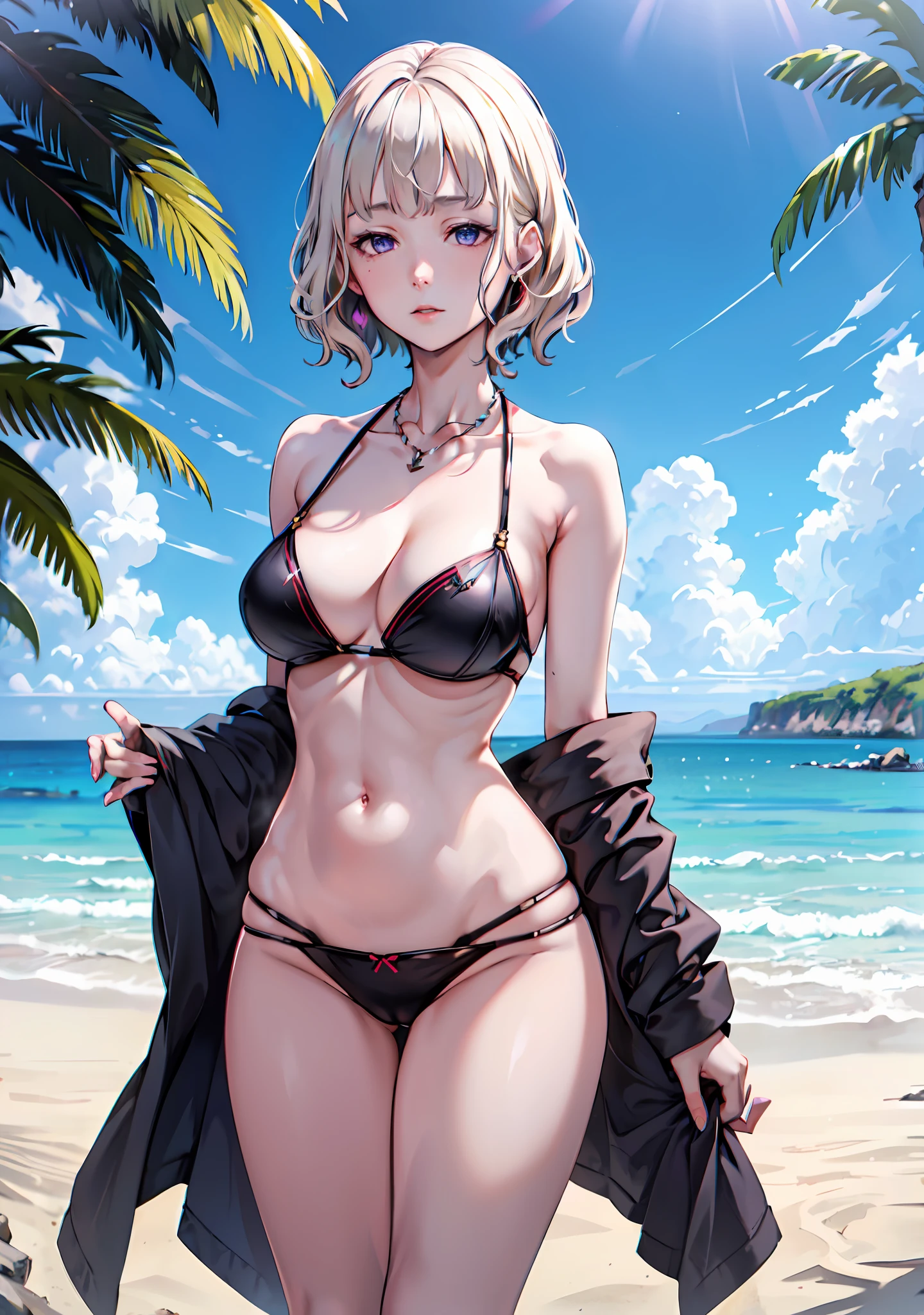 Nsfw, (masterpiece:1.2, best quality), (1lady, solo,(portrait shot)), Clothing: white bikini, strappy sandals, Accessories: shell necklace, Hair: loose beach waves, white hair, short wavy hair, Makeup: natural, glowing skin, Behavior: relaxed, carefree, free-spirited, Location: beach, resort, outdoor festival, purple eyes, average breasts, (beautiful detailed face, beautiful detailed eyes), (sunbeam, sunlight, rose, wind), nakamura regura