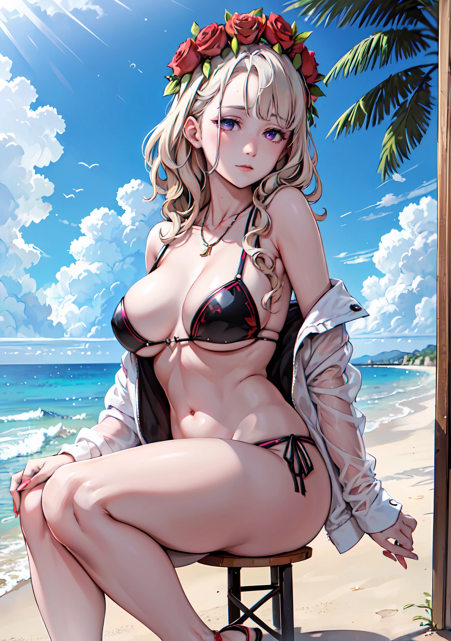 Nsfw, (masterpiece:1.2, best quality), (1lady, solo,(portrait shot)), Clothing: white bikini, strappy sandals, Accessories: shell necklace, Hair: loose beach waves, white hair, short wavy hair, Makeup: natural, glowing skin, Behavior: relaxed, carefree, free-spirited, Location: beach, resort, outdoor festival, purple eyes, average breasts, (beautiful detailed face, beautiful detailed eyes), (sunbeam, sunlight, rose, wind), nakamura regura