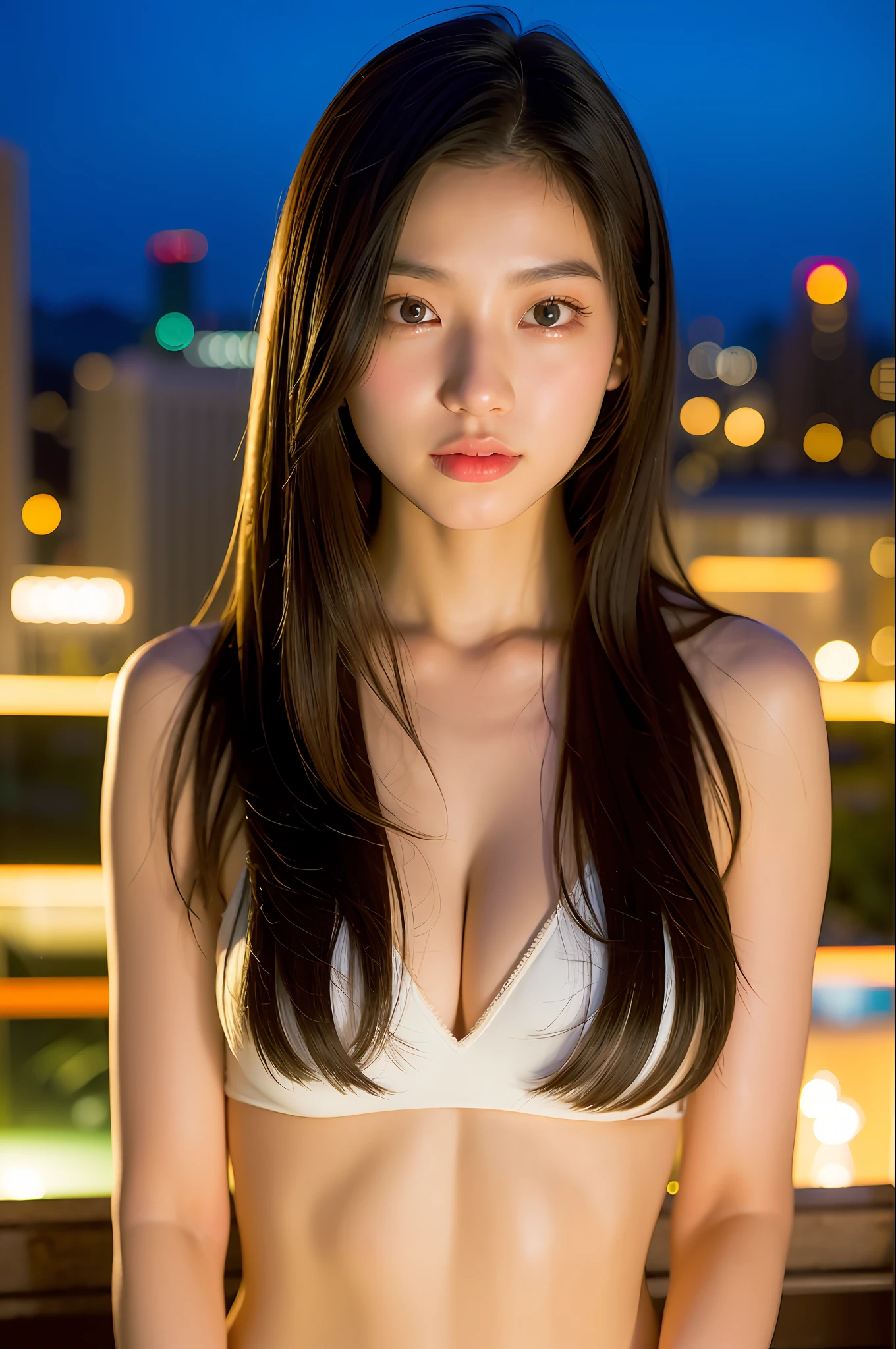 (8K、Raw photography、Photorealsitic:1.25)、(20 year old woman with beautiful perfect face)、(lipgloss、long lashes、beautiful countenance、shiny bare skin、top-quality、超A high resolution、depth of fields)、swim wears、Photograph the whole body、chromatic abberation、Caustics、Night view of the city