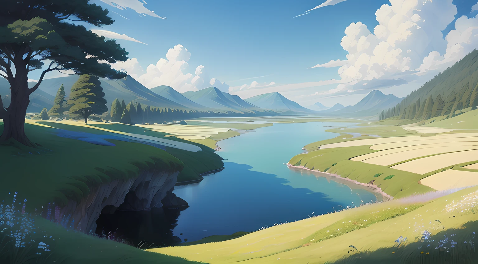 Realistic, authentic, beautiful and amazing landscape oil painting Studio Ghibli Hayao Miyazaki's petal grassland with blue sky and white clouds --v6