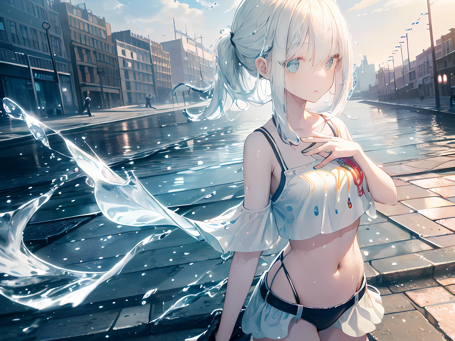 (Background), masutepiece, Best Quality,Illustration, Wallpaper, Ultra Detail, absurderes, 1girl in, Solo, (liquid hair:1.2), Beautiful detailed eyes,
Bangs, Cowboy Shot, Bob Hare, PC, White hair, vague, Water, water dripping, Looking to the side, playing in the water,
(Street:1.5), Sun, Cloudy sky,