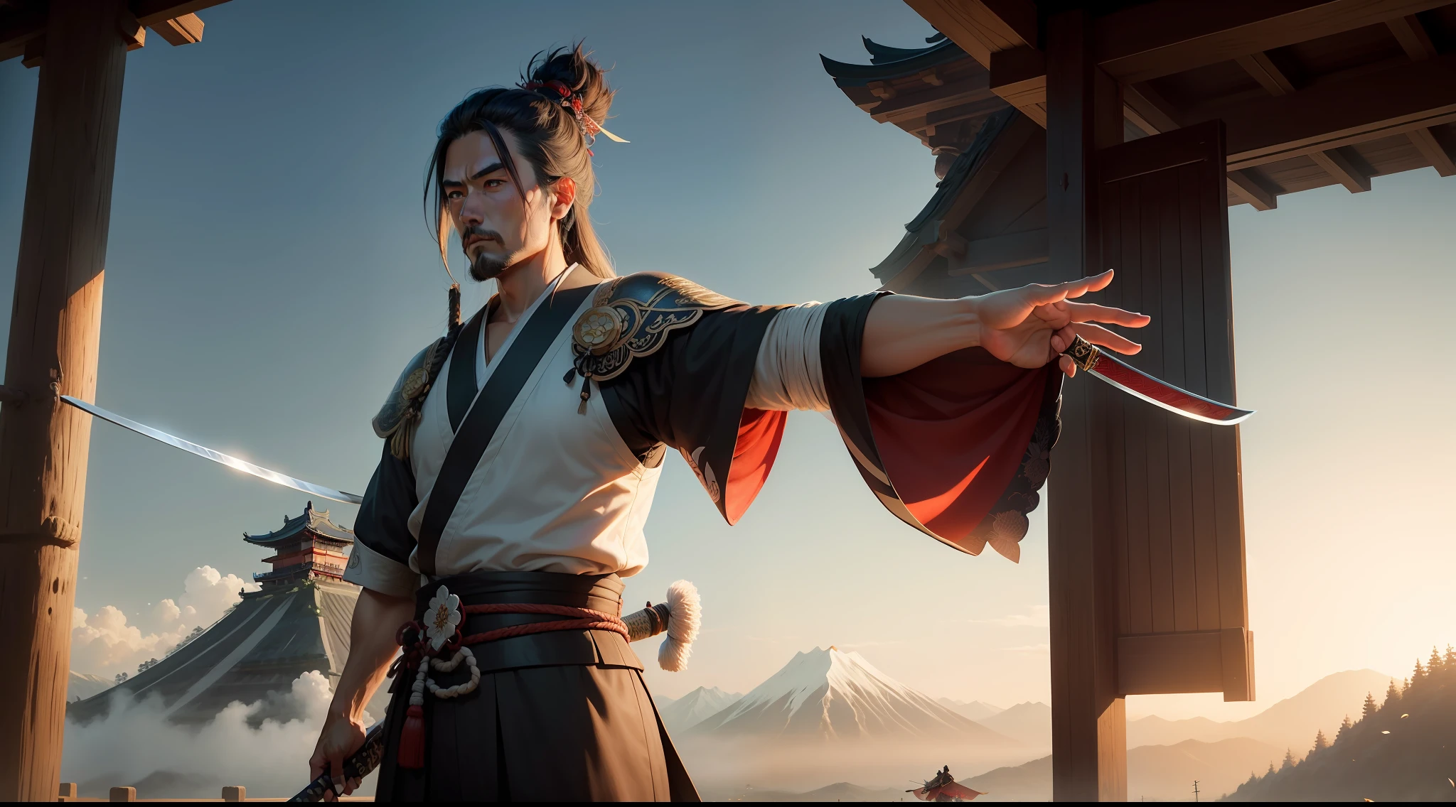 Por favor, crie uma imagem hiper-realista de Miyamoto Musashi, portraying him in feudal Japan. I want the image to be unique and beautiful, with a distinctive artistic touch. I imagine Musashi with his characteristic imposing appearance, cabelos longos, e barba grossa, usando um quimono samurai tradicional em cores vibrantes, adorned with nature-inspired motifs and symbols of bravery. He must deftly wield a legendary katana with meticulously detailed blade, cercado por uma aura de poder. In the background, imagine an epic setting depicting the majestic landscapes of feudal Japan, com flores de cerejeira em flor ou folhas de outono caindo suavemente, while towering mountains and distant castles evoke the grandeur of the time. A luz dourada do sol poente deve banhar a cena, creating a magical and inspiring atmosphere. Feel free to add any artistic elements that enrich the image, como pinceladas suaves, Efeitos de Luz e Sombra, ou detalhes no estilo ukiyo-e. Surprise me with a unique and spectacular interpretation by Miyamoto Musashi, capturing its legendary aura and the essence of feudal Japan.