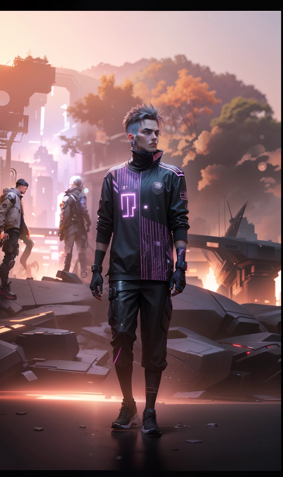 Cyber punk look background and realistic face