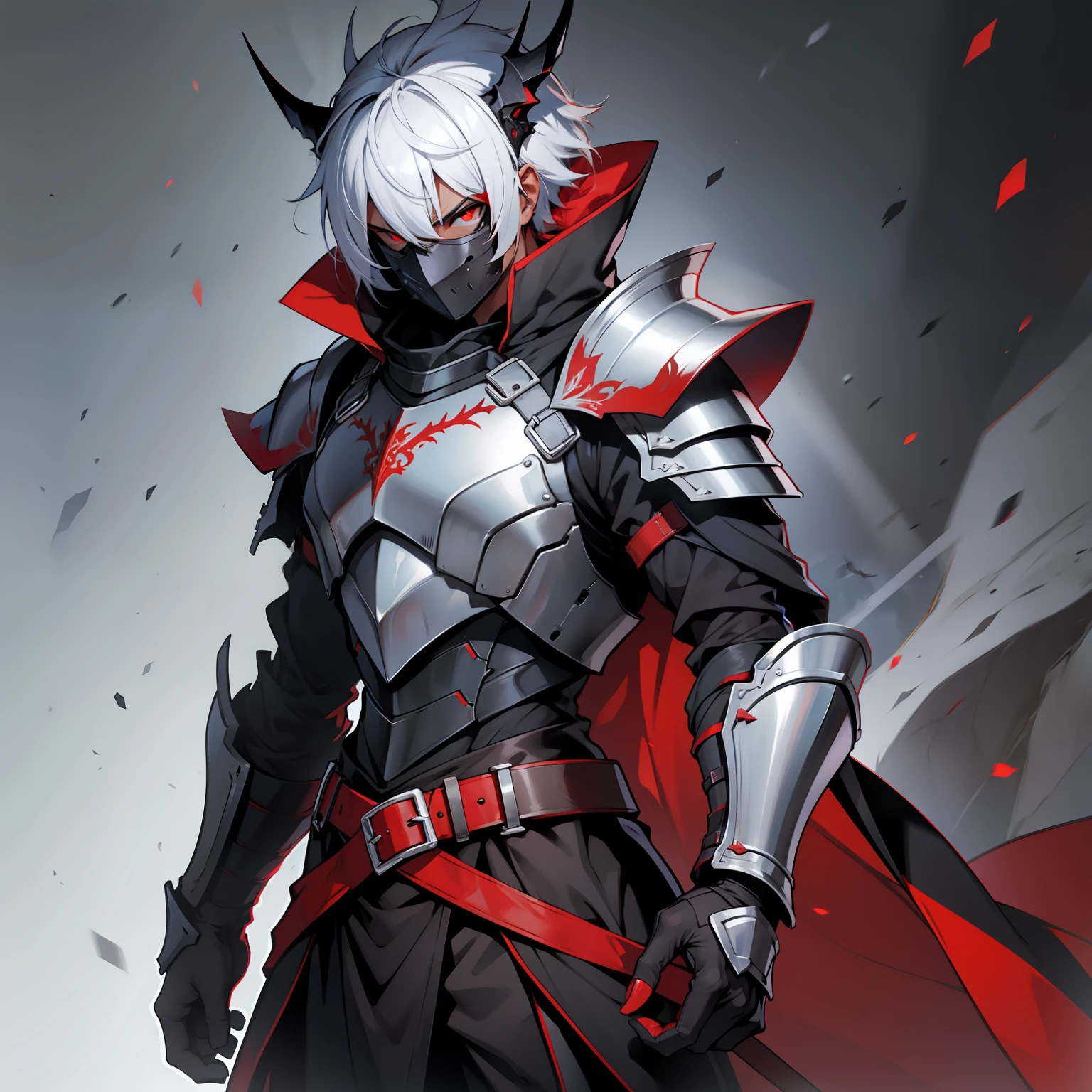 Male, dark plate armor, red eyes,