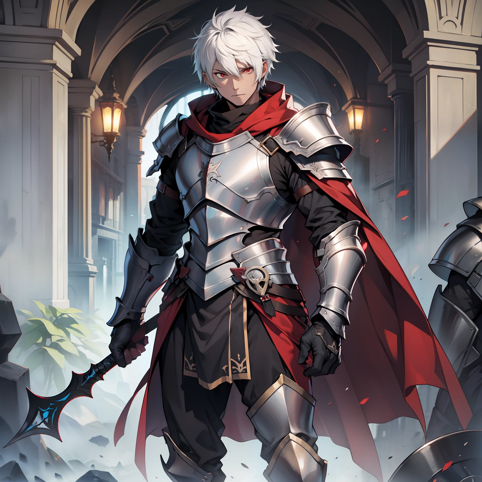 Male, dark plate armor, red eyes,