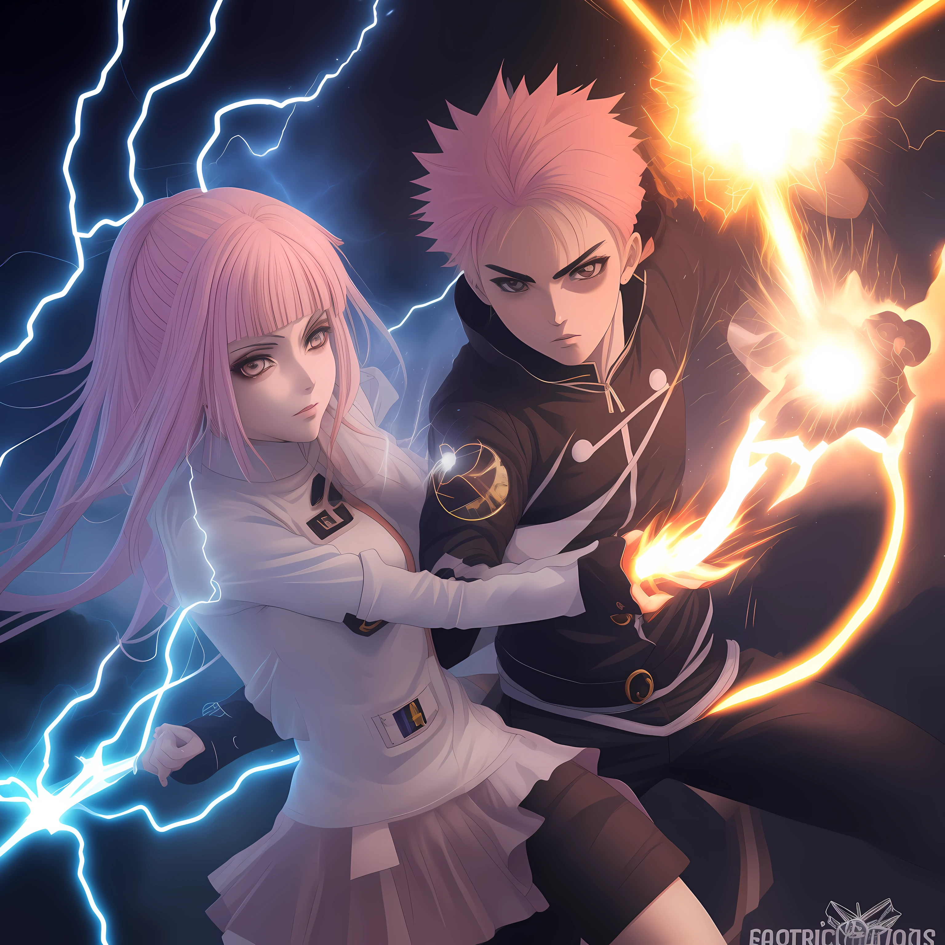 Garota de anime lutando contra garoto de anime, electric powers, poderes de fogo, electric clothing, roupas de fogo, magia de fogo, magia de eletricidade, na cidade