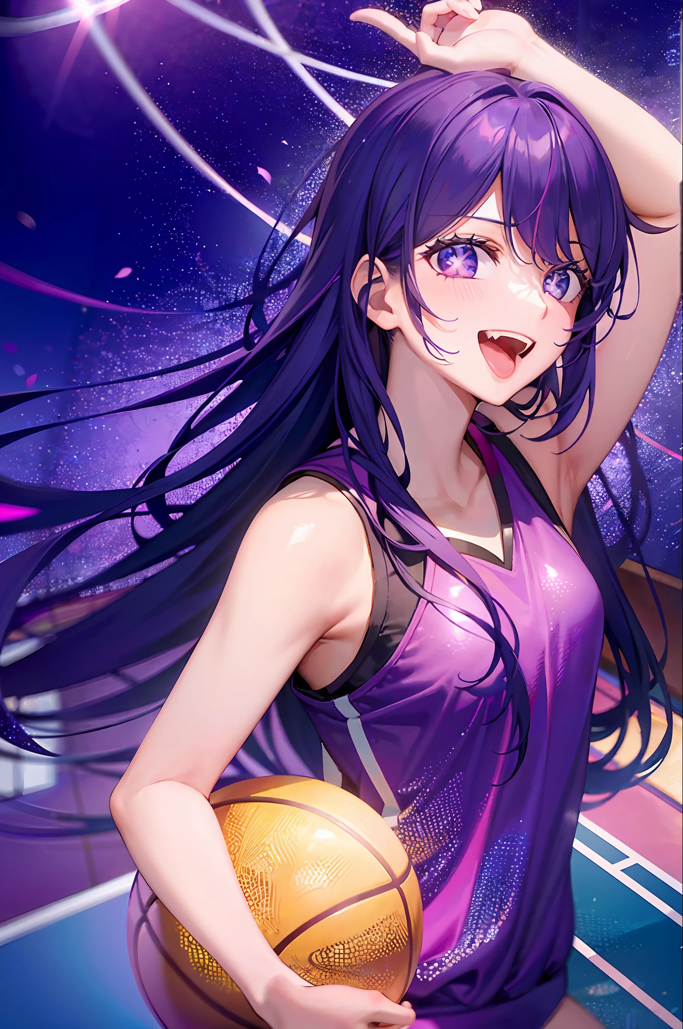 1girll,((There is a five-pointed star in the eye))Gorgeous Hair in Long Purple,basketball suit,Playing the Basketball,Smile,Open mouth,basketball playground