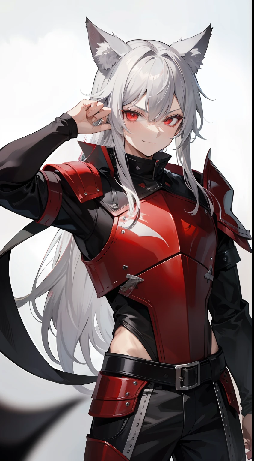 Young guy, long gray hair, red-eyes, brawn, wolf ears, leather armour, smirk, Masterpiece, hiquality