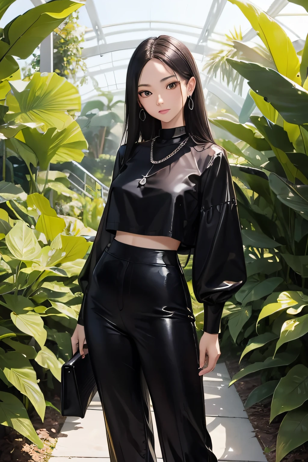 (masterpiece), best quality, expressive eyes, perfect face, young adult woman, Asian, brown eyes, long black hair, black full-sleeved crop top, black skinny and shiny trousers, light chain silver necklace, standing in a botanical garden