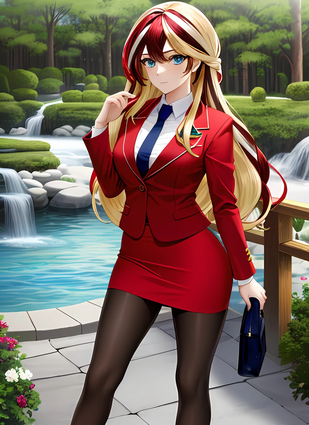 ((best quality)), ((highly detailed)), masterpiece, (detailed eyes, deep eyes), (1girl), SunsetHuman, (multicolored hair, (two-tone hair:1.1), red and blonde hair), BREAK, aqua eyes, red skirt suit, pencil skirt, tight skirt, high heels, full body, office