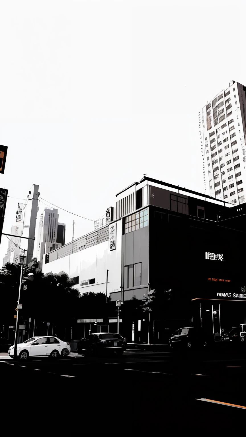 anime style, single building mall , siluet, orange and black pallete colour, cover style,