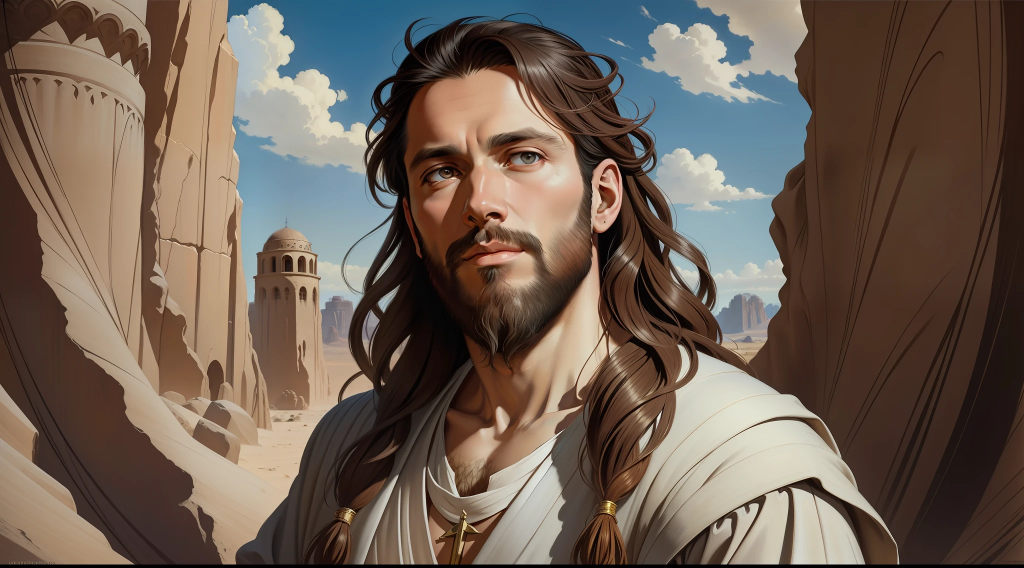 A beautiful ultra-thin realistic portrait of Jesus, the prophet, a 33 year old Jewish man, long brown hair, long brown beard, wearing white tunic, in front view, full body, biblical, realistic, in the desert intricate details, by Abbott Fuller Graves, Bartolome Esteban Murillo, J.C. Leyendecker, Craig Mullins, Peter Paul Rubens, (Caravaggio), Trend in Artstation, 8K, Concept Art, PhotoRealistic,  Realistic, Illustration, Oil Painting, Surrealism, HyperRealistic, brush brushes, Digital art, style, watercolor, hyper realistic photorealistic with high sharpness