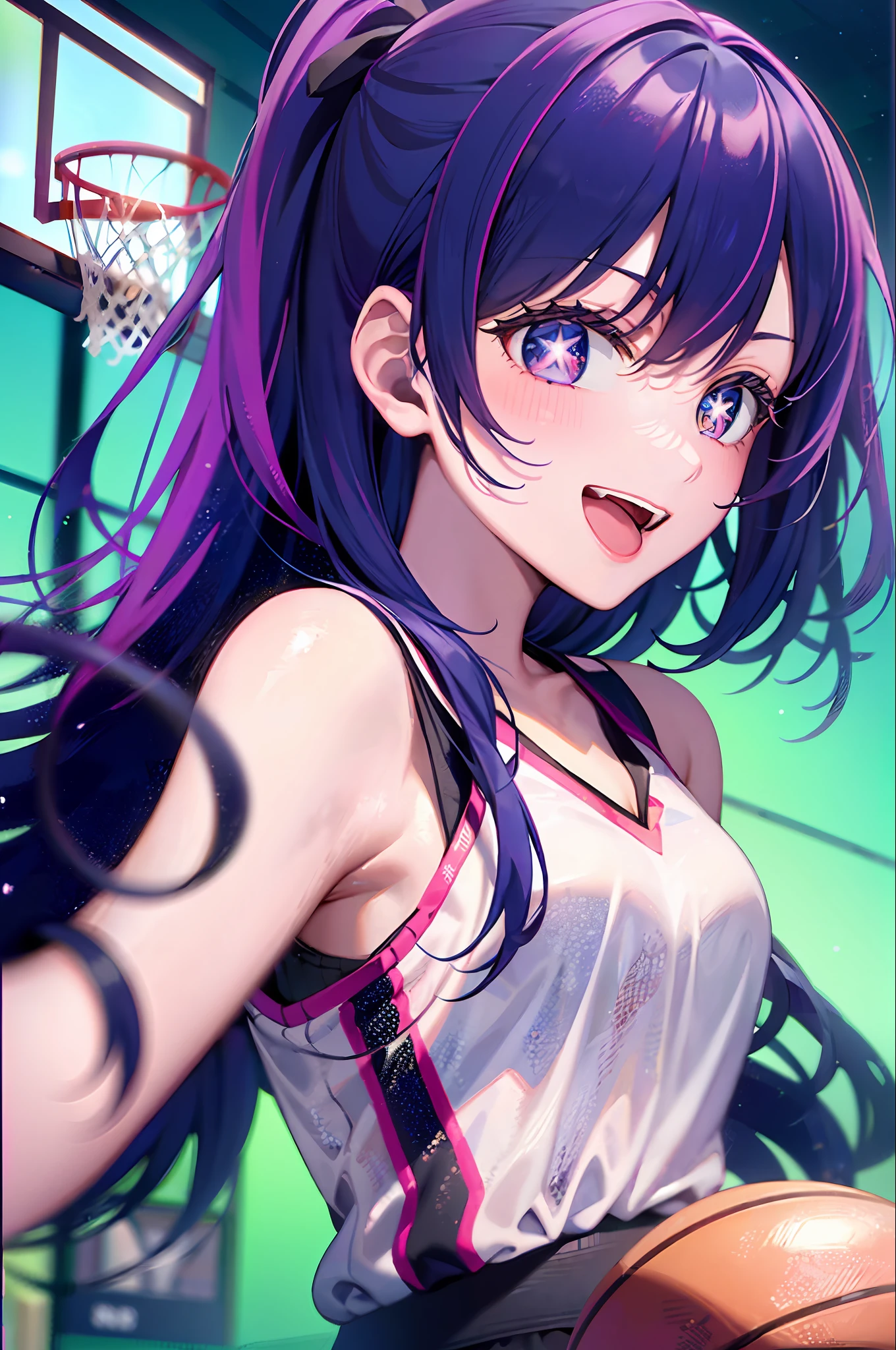 1girll,((There is a five-pointed star in the eye))Gorgeous Hair in Long Purple,basketball suit,Playing the Basketball,Smile,Open mouth,basketball playground