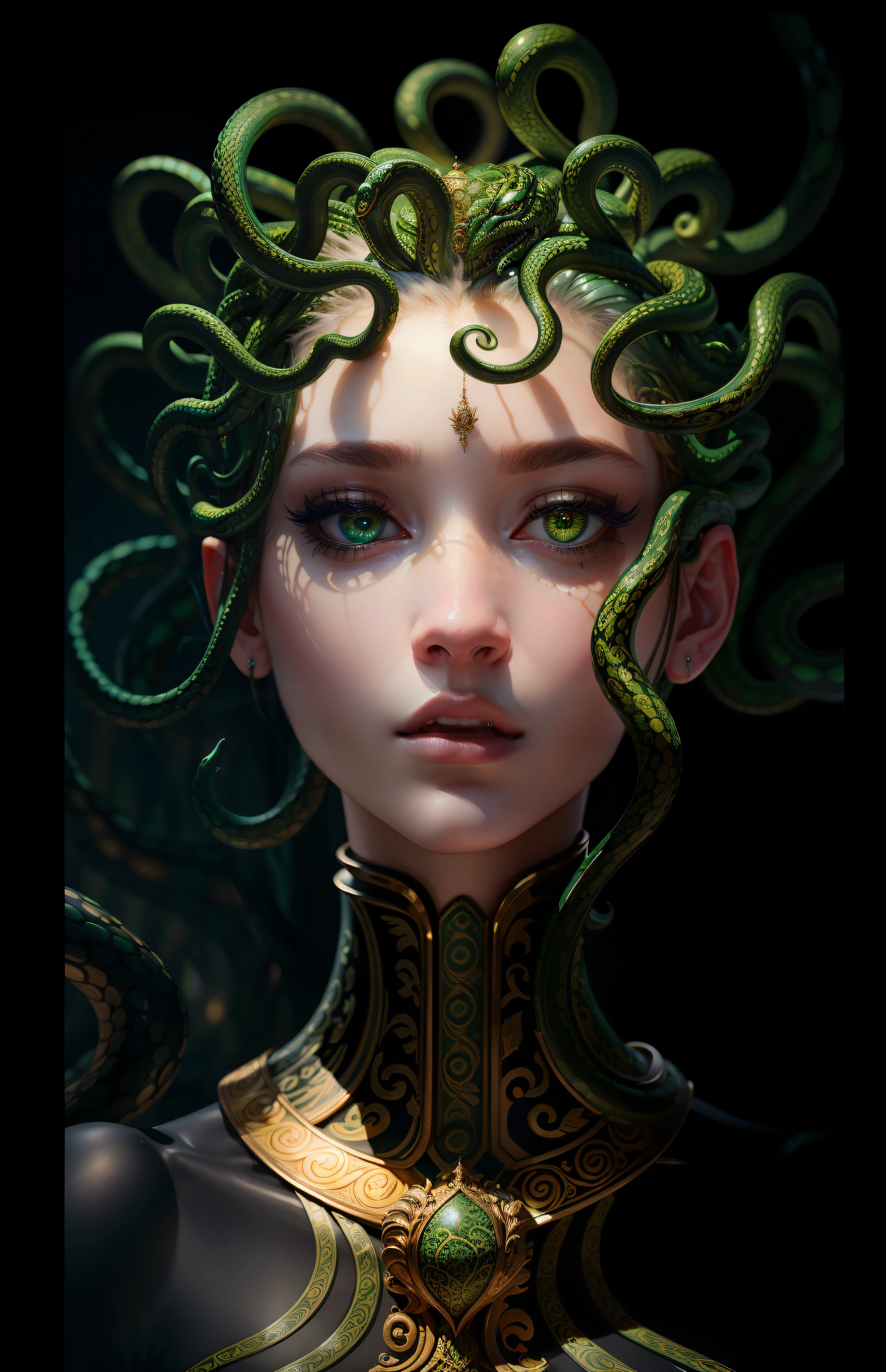 ((best quality)), ((masterpiece)), ((realistic)), Medusa, full body, the hair is composed of countless small snakes, green eyes, female face, face of Jenifer Lawrence, metal carved top, royal aura, trend on artstation , sharp focus, studio photo, intricate detail, very detailed, detailed eye, illustration, very detailed, sharp focus, digital render, professional, 4k