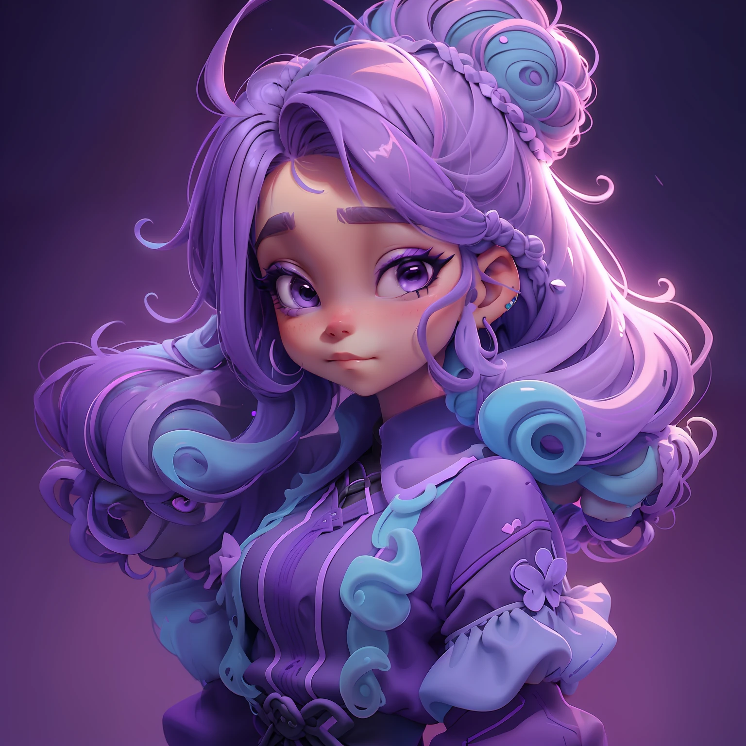 menina lama, (lama), Slime cabelo bun estilo de cabelo, dark purple gum and lilac, roupas rave neon, master part, best quality