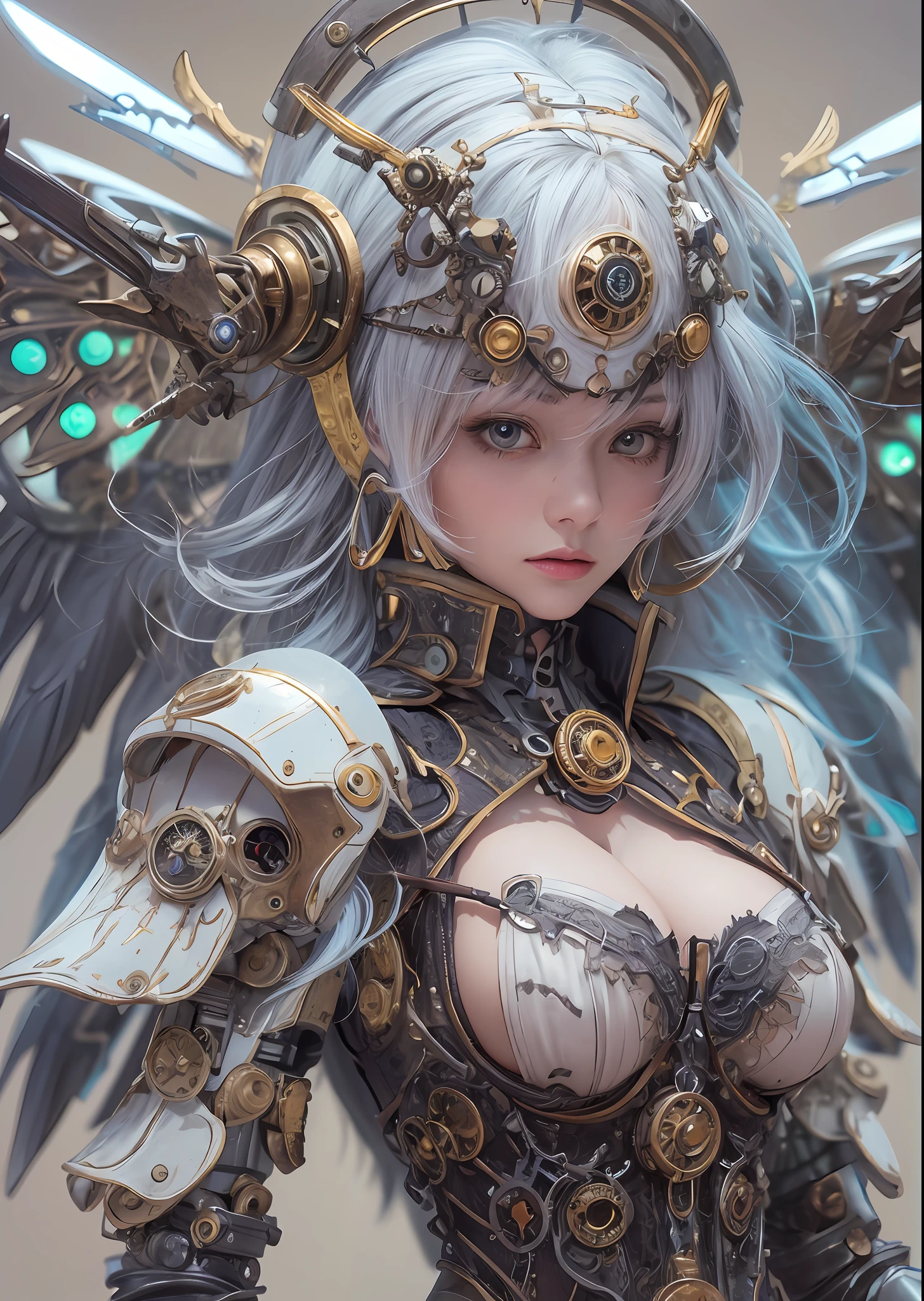 top-quality、masterpiece、超A high resolution、(Photorealsitic:1.4)、Raw photo、Steampunk Battle Cyborg Angel、large wings made of metal、White porcelain body、Acrylic Clear Cover、white hair、glowy skin、1 steampunk cyborg girl、((super realistic details))、portlate、globalillumination、Shadow、octan render、8K、ultrasharp、character edge light,Colossal tits、Raw skin is exposed in cleavage、Details of complex ornaments、Details of the steam engine、Hydraulic cylinder、Small LED lamp、highly intricate detail、Realistic light、a purple eye、radiant eyes、Facing the camera、neon details、cowboy shot、Futuristic headgear、About steampunk、、