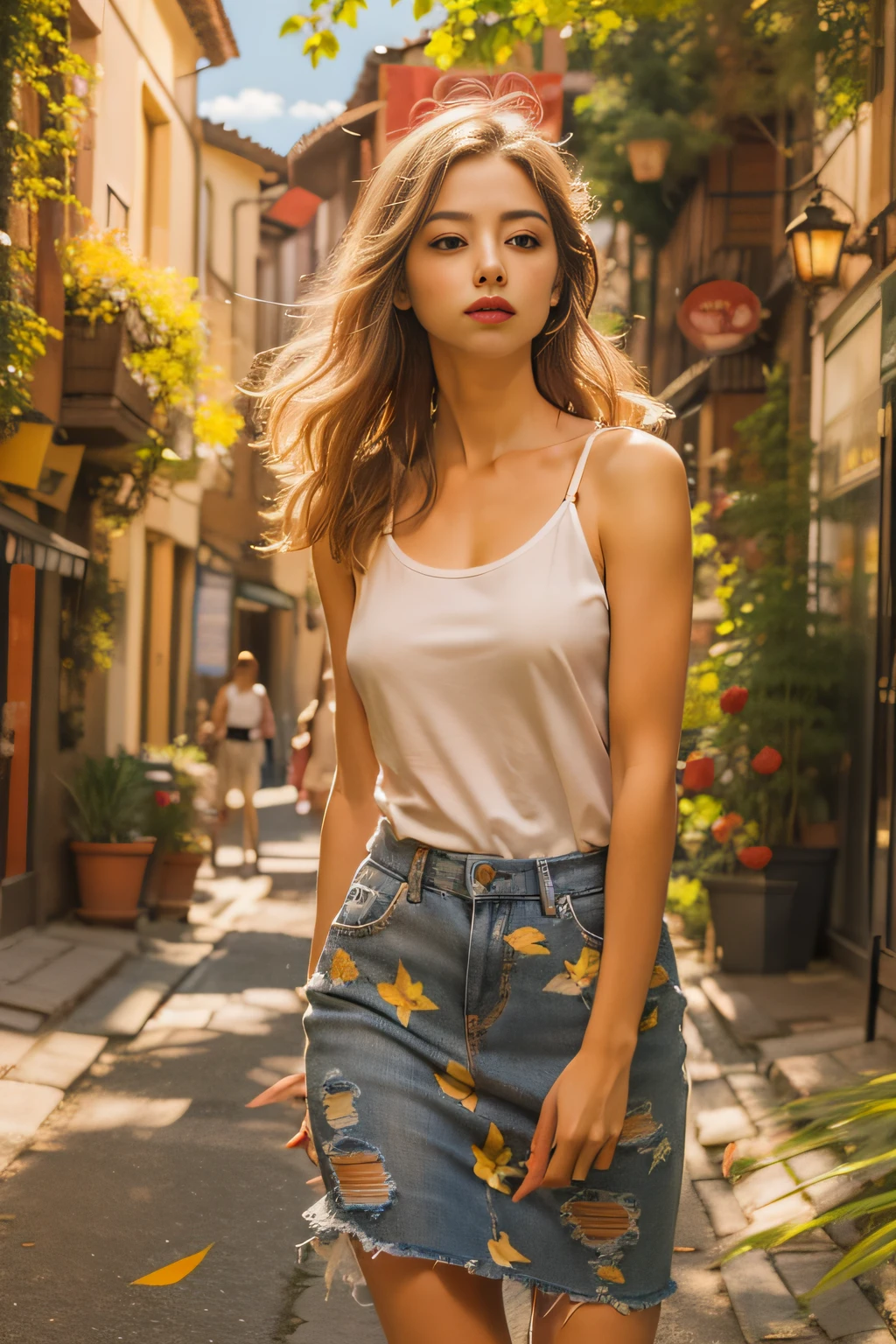 A picturesque painting portrays the beautiful lady in a serene moment. She walks leisurely down a cobbled street lined with charming boutiques and quaint cafes. The dappled sunlight filters through the leaves of nearby trees, casting an enchanting pattern on the ground. Her white tank top and denim miniskirt bask in the golden glow, emphasizing her captivating presence. This artwork captures the essence of a perfect day in a picturesque urban setting