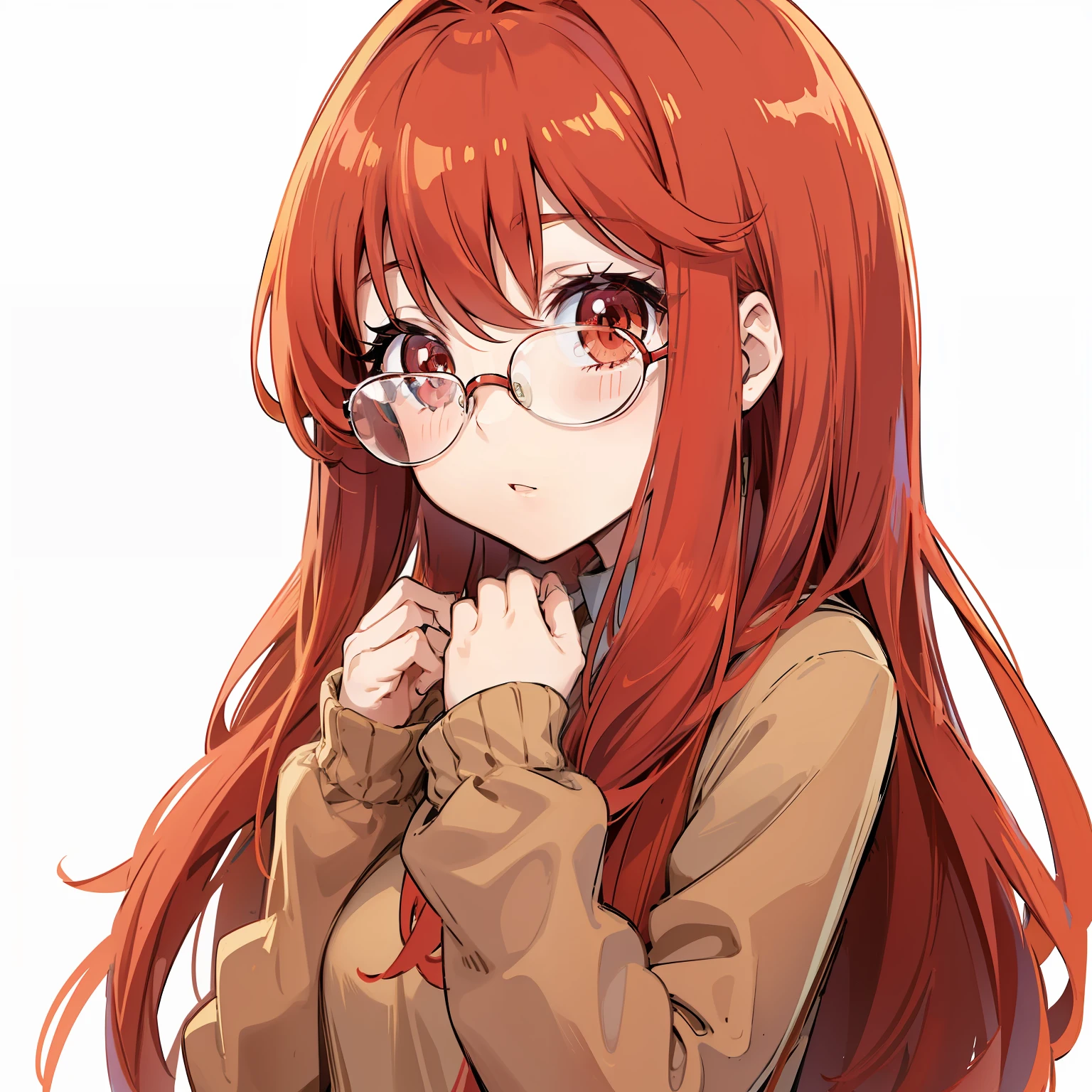 anime girl, long hair, red hair, mapple colour outfit, good anatomy, shy, mapple, glasses