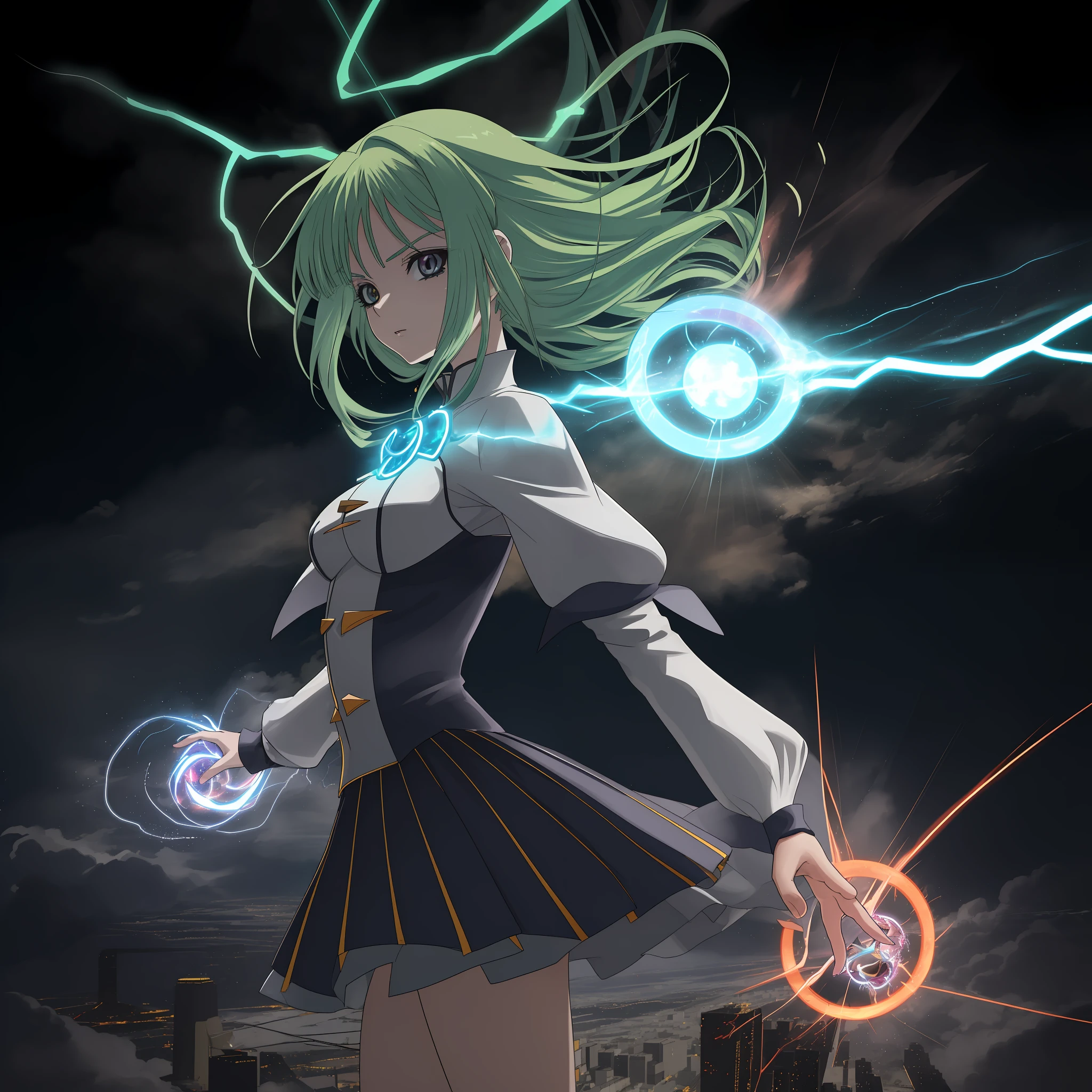 Garota de anime lutando contra garoto de anime, electric powers, poderes de fogo, electric clothing, roupas de fogo, magia de fogo, magia de eletricidade, na cidade