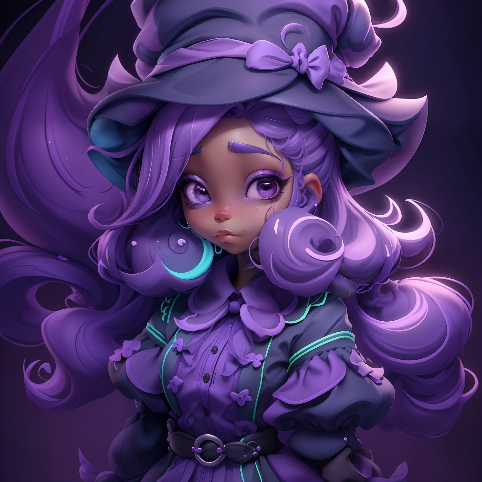  velho, (velho), Slime cabelo bun estilo de cabelo, dark purple and lilac gum, witch hat, roupas rave com detalhes neon, master part, best quality