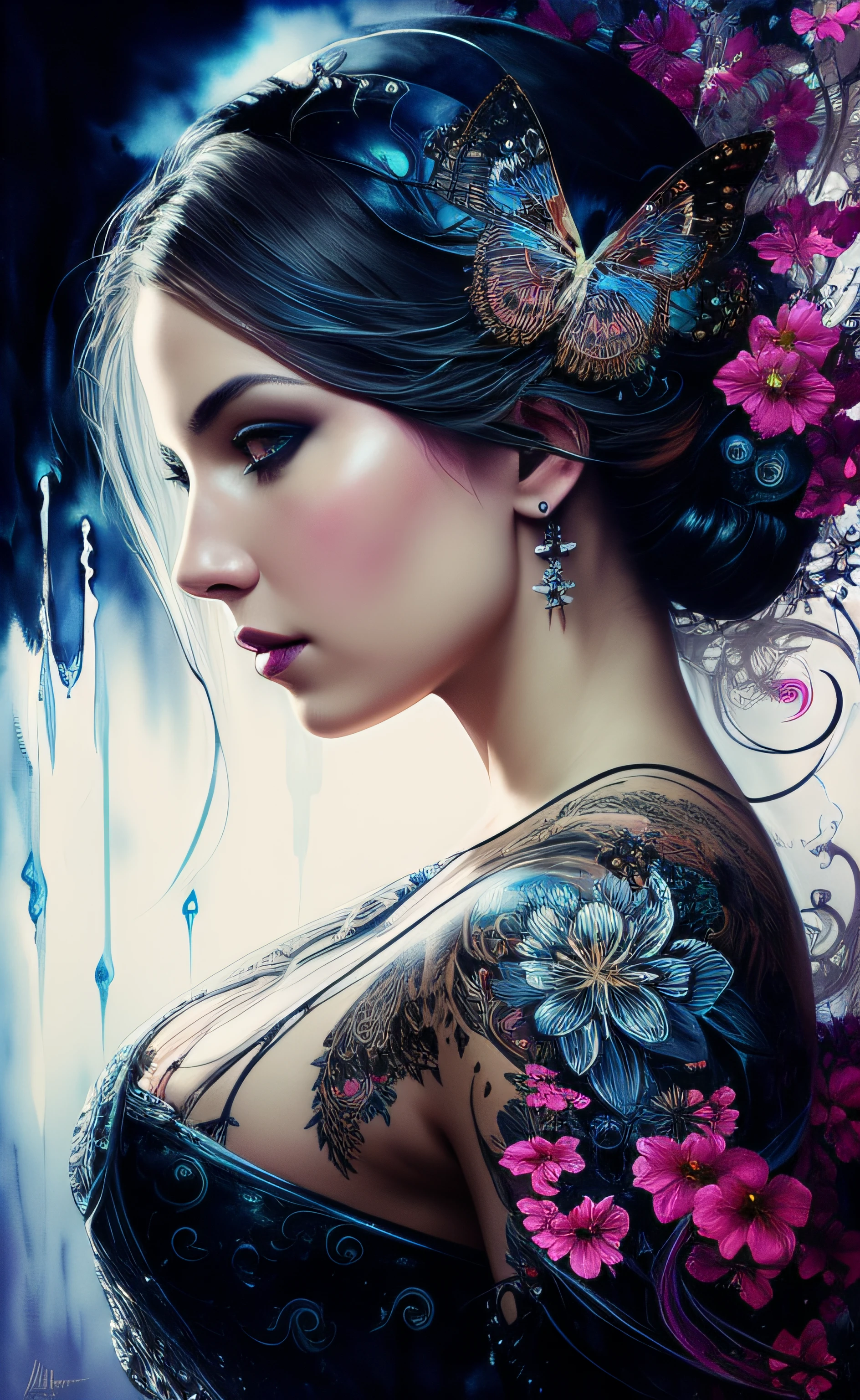 Colorful beautiful woman: Black ink flow: 8k resolution photorealistic masterpiece: by Aaron Horkey and Jeremy Mann: intricately detailed fluid gouache painting: by Jean Baptiste Mongue: calligraphy: acrylic: watercolor art, professional photography, natural lighting, volumetric lighting maximalist photoillustration: by marton bobzert: 8k resolution concept art intricately detailed, complex, elegant, expansive, fantastical