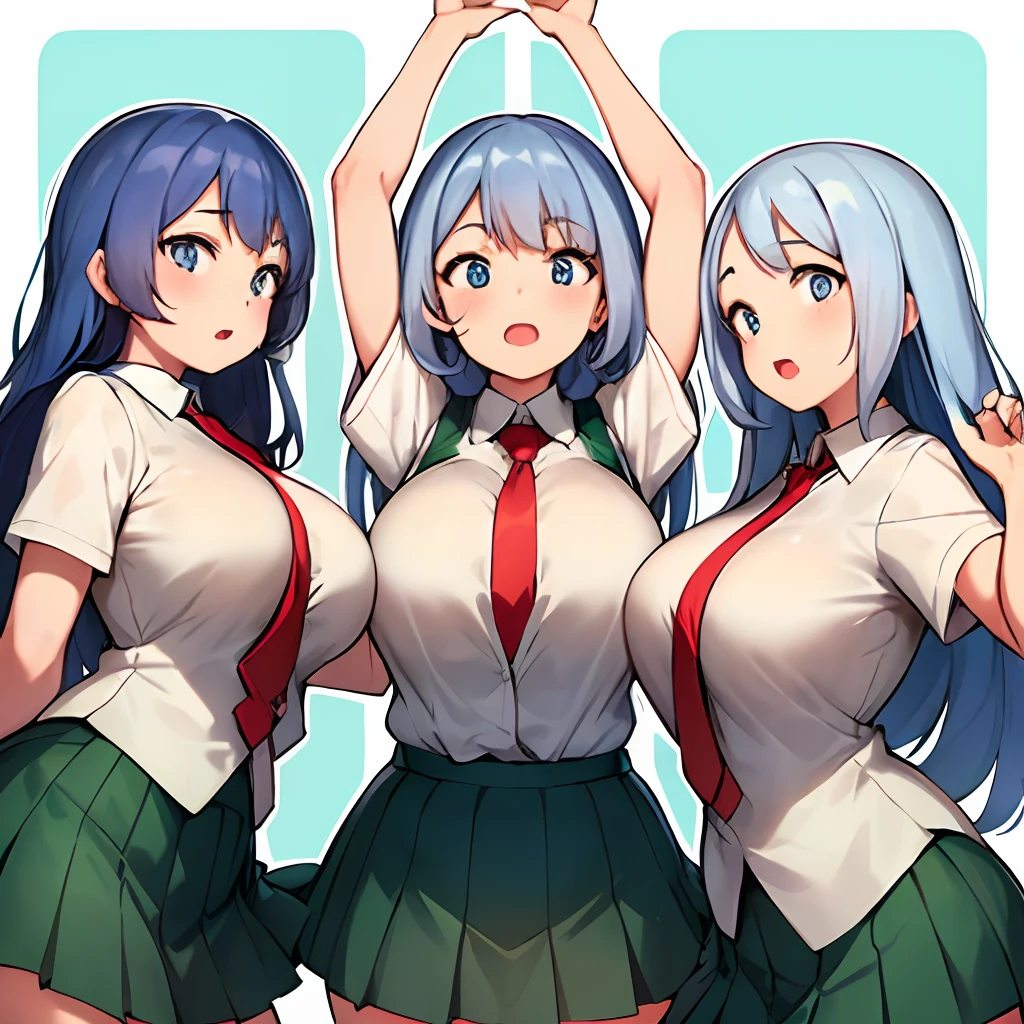 nejire hado, 3girls, trio, long hair, breasts, looking at viewer, open mouth, blue eyes, skirt, large breasts, simple background, shirt, white background, school uniform, blue hair, white shirt, short sleeves, thighs, necktie, teeth, collared shirt, vest, arm up, thick thighs, red necktie, green skirt, arm behind head, u.a. school uniform, triplets, clones