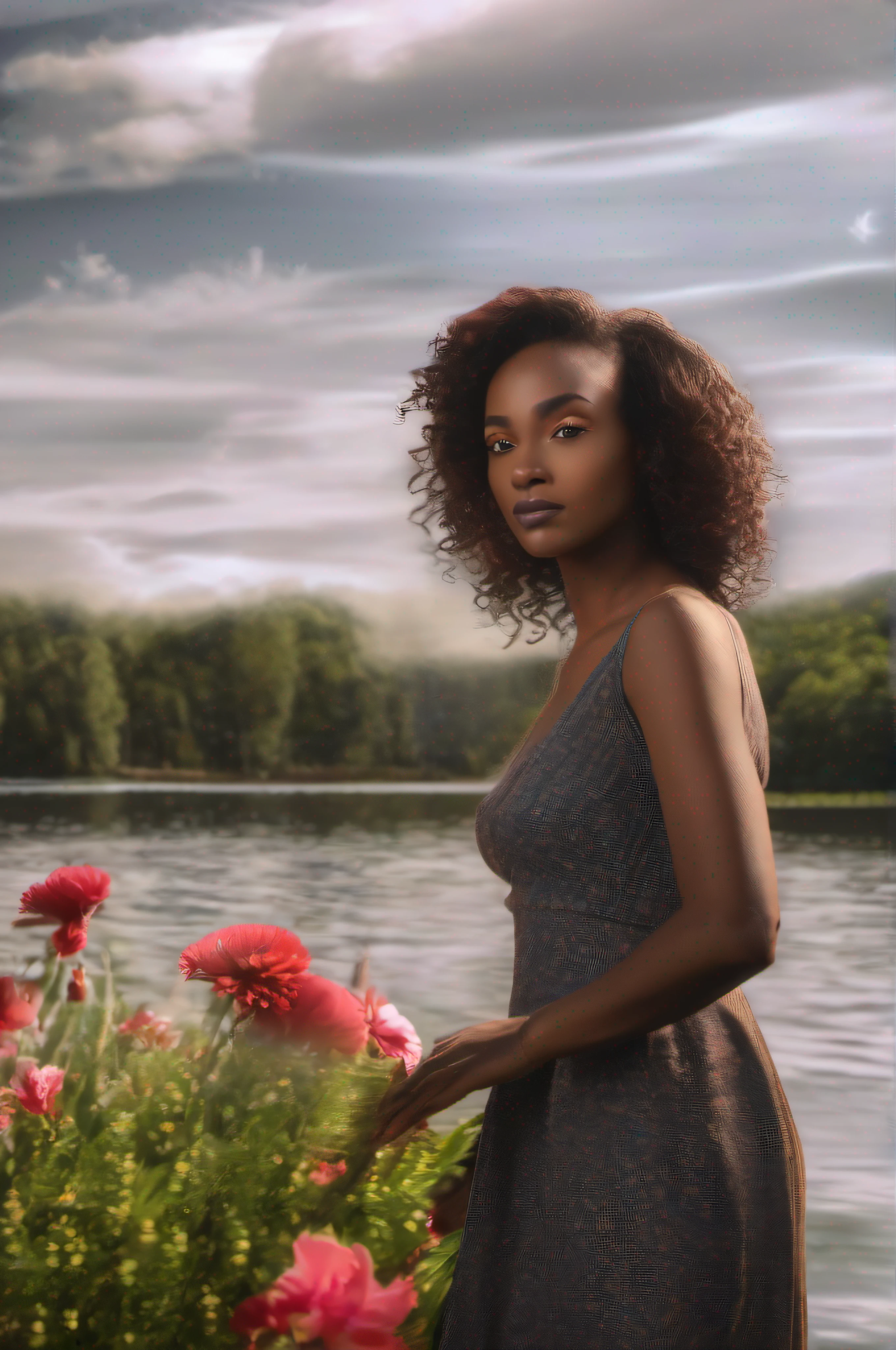 A black beautiful woman at the moviesRESPONSE VISUAL STYLE: Cinematic, GENRE: Comedy, SUBJECT(S): Woman, TIME PERIOD: Present, COLOR: Red, ASPECT RATIO: 2.35:1, FORMAT: Digital, FRAME SIZE: 4K, LENS SIZE: 85mm, COMPOSITION: Close-up, LIGHTING: Low-key, LIGHTING TYPE: Artificial, TIME OF DAY: Night, ENVIRONMENT: Interior, LOCATION TYPE: Cinema, SET: Detailed, CAMERA: Blackmagic Pocket Cinema Camera 6K Pro, LENS: Canon EF 85mm f/1.4L IS USM Lens, FILM STOCK / RESOLUTION: High Resolution, TAGS: Woman, Cinema, Comedy Illustrations Design of House by the lake with trees and flowers garden , cinematic, HDR,8k