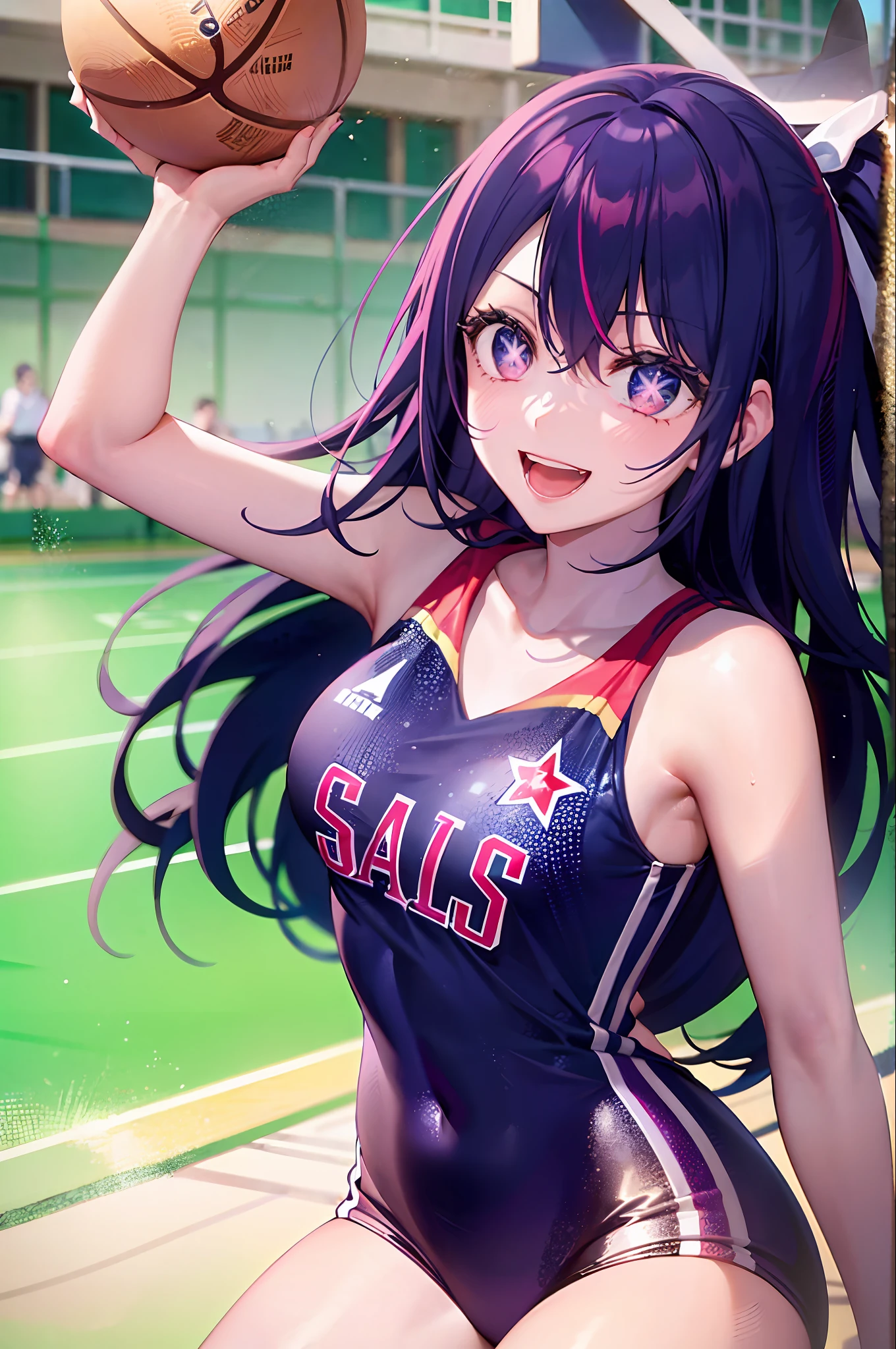 1girll，（（There is a five-pointed star in the eye））Gorgeous Hair in Long Purple，basketball suit，Playing the Basketball，Smile，Open mouth，basketball playground