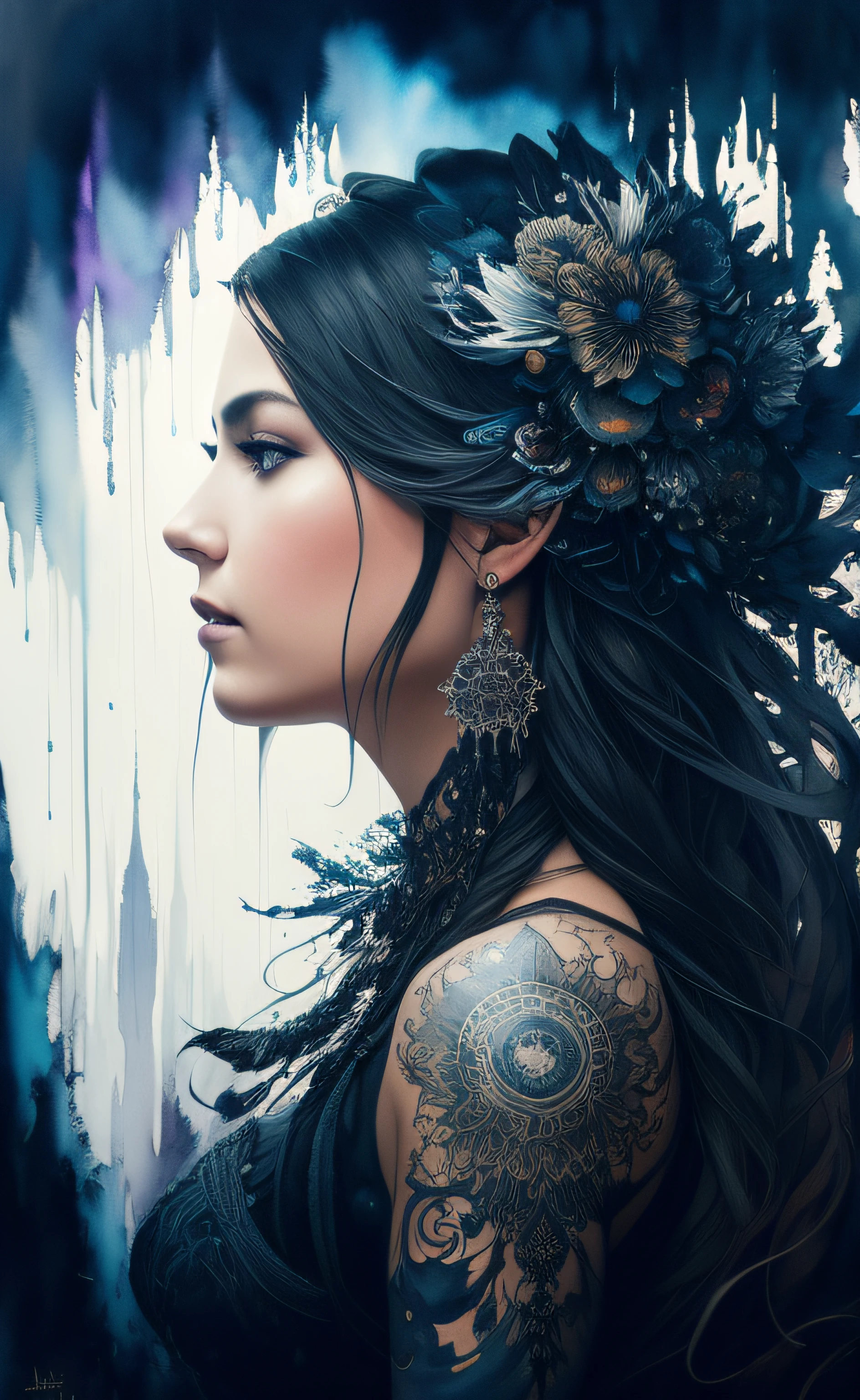 Colorful beautiful woman: Black ink flow: 8k resolution photorealistic masterpiece: by Aaron Horkey and Jeremy Mann: intricately detailed fluid gouache painting: by Jean Baptiste Mongue: calligraphy: acrylic: watercolor art, professional photography, natural lighting, volumetric lighting maximalist photoillustration: by marton bobzert: 8k resolution concept art intricately detailed, complex, elegant, expansive, fantastical